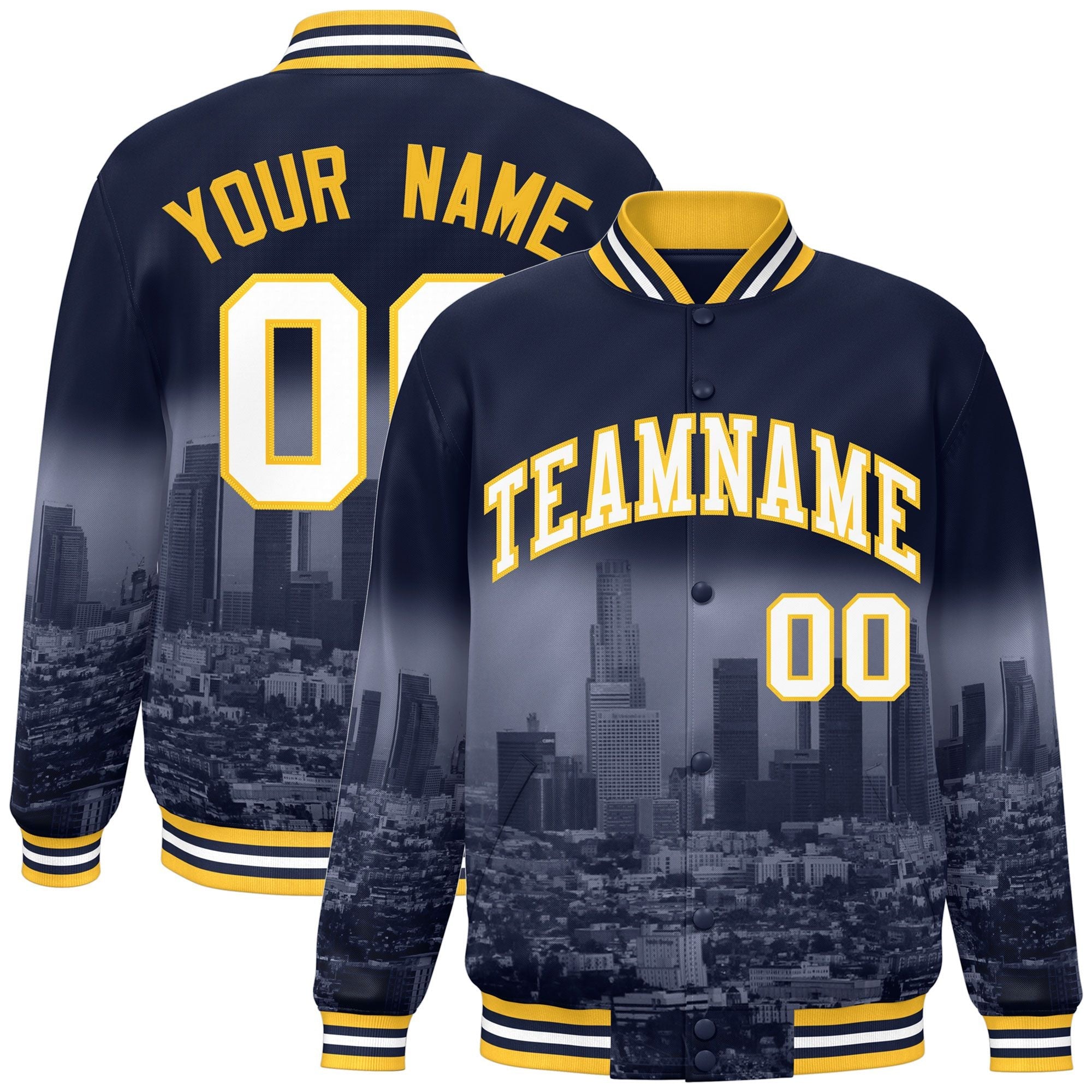 Custom Navy White-Gold Los Angeles City Connect Track Varsity Full-Snap Jacket