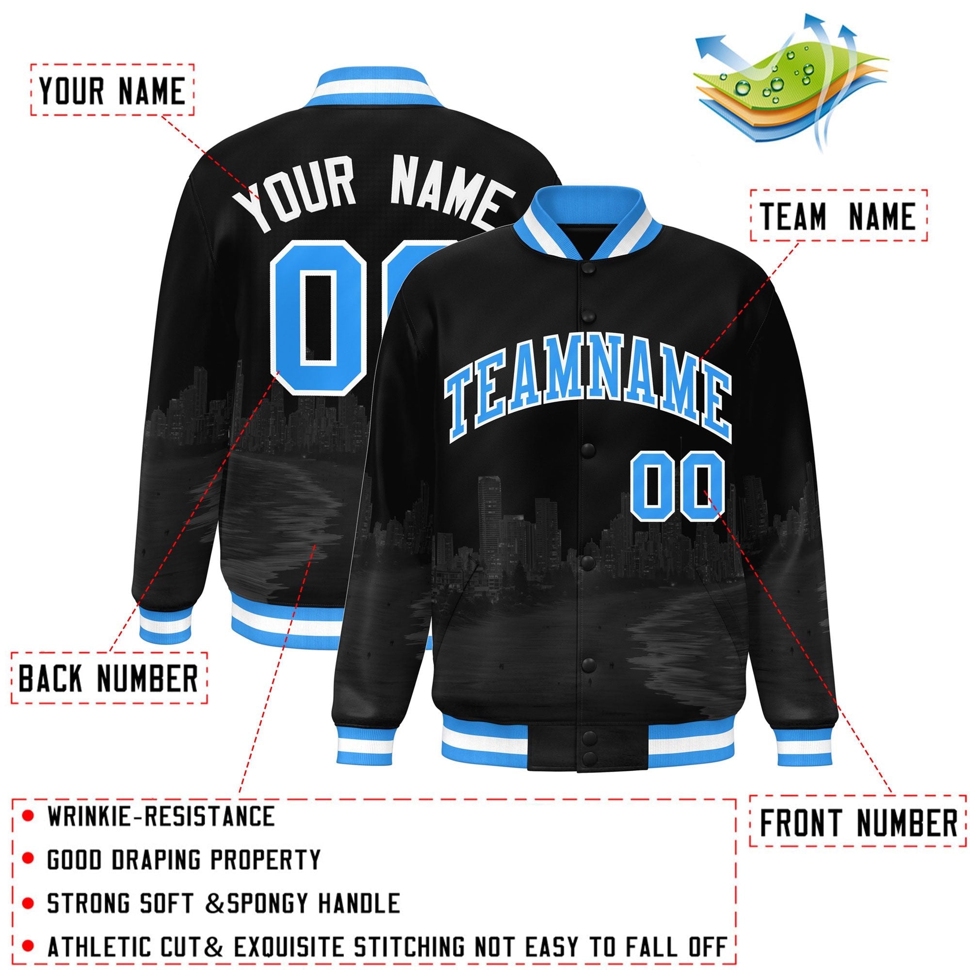 Custom Black Powder Blue-White Miami City Connect Track Varsity Full-Snap Jacket