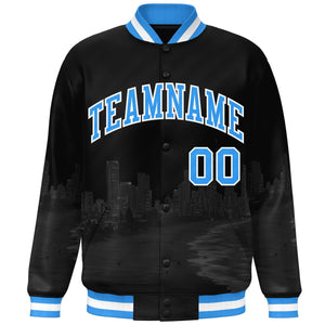 Custom Black Powder Blue-White Miami City Connect Track Varsity Full-Snap Jacket