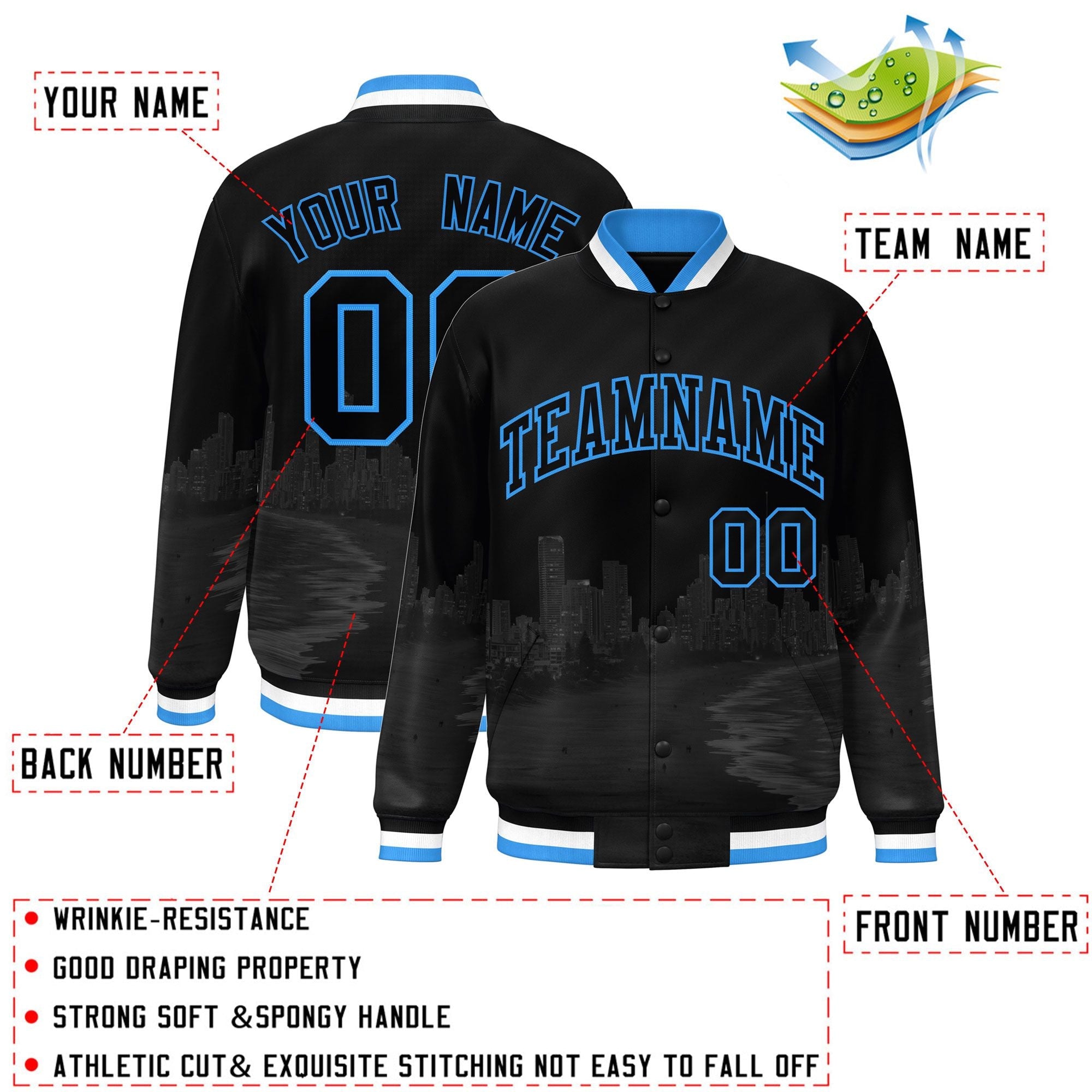 Custom Black Powder Blue Miami City Connect Track Varsity Full-Snap Jacket