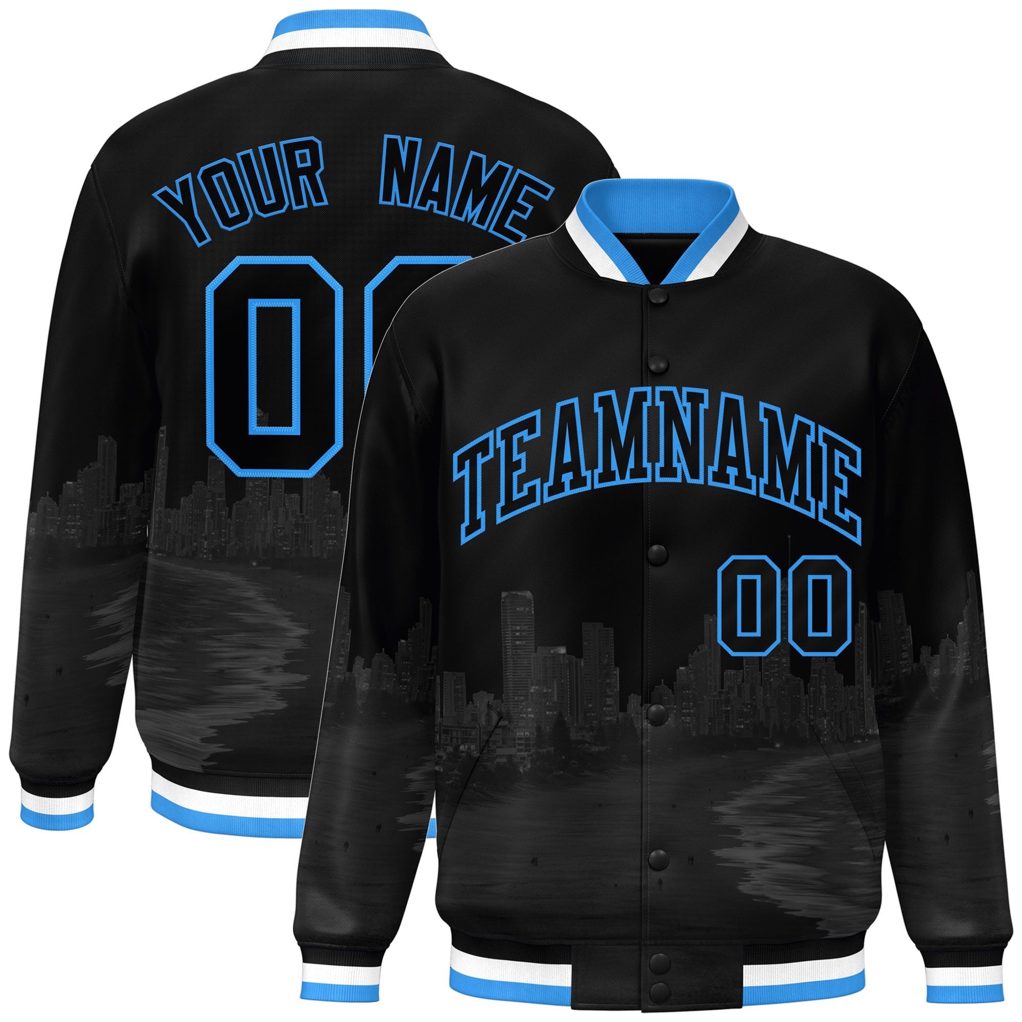 Custom Black Powder Blue Miami City Connect Track Varsity Full-Snap Jacket