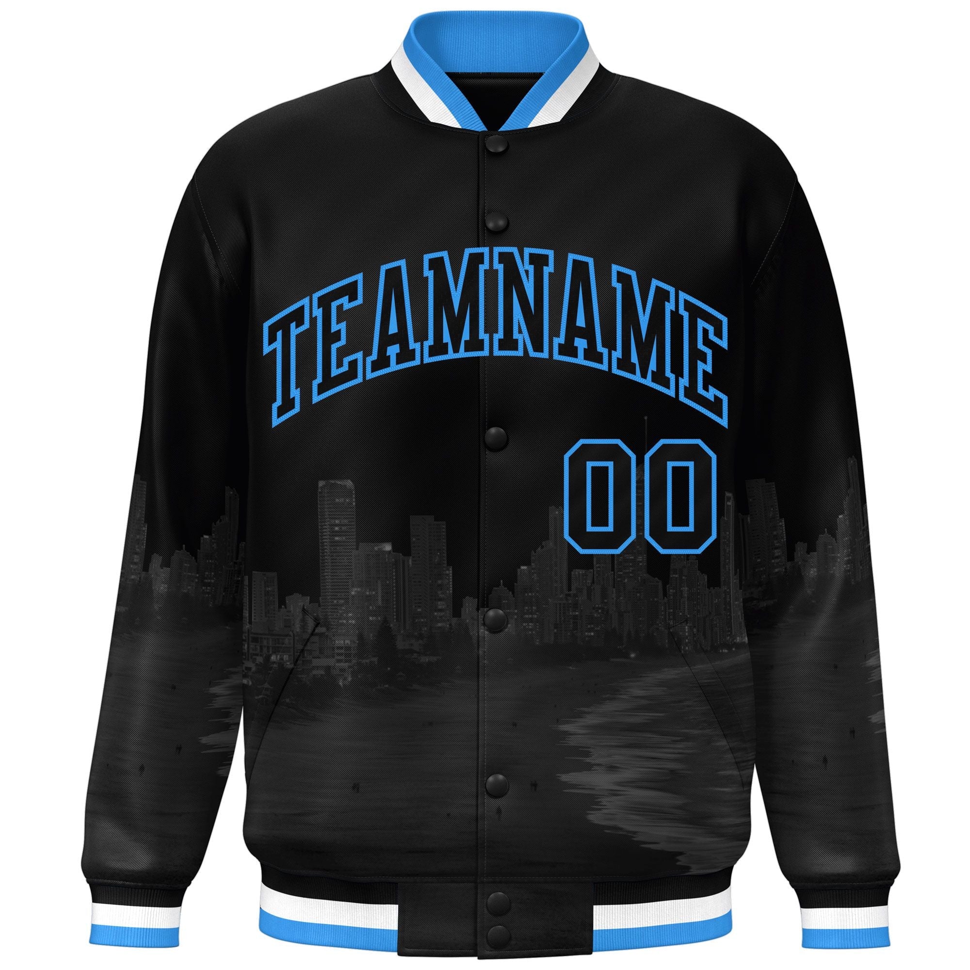 Custom Black Powder Blue Miami City Connect Track Varsity Full-Snap Jacket