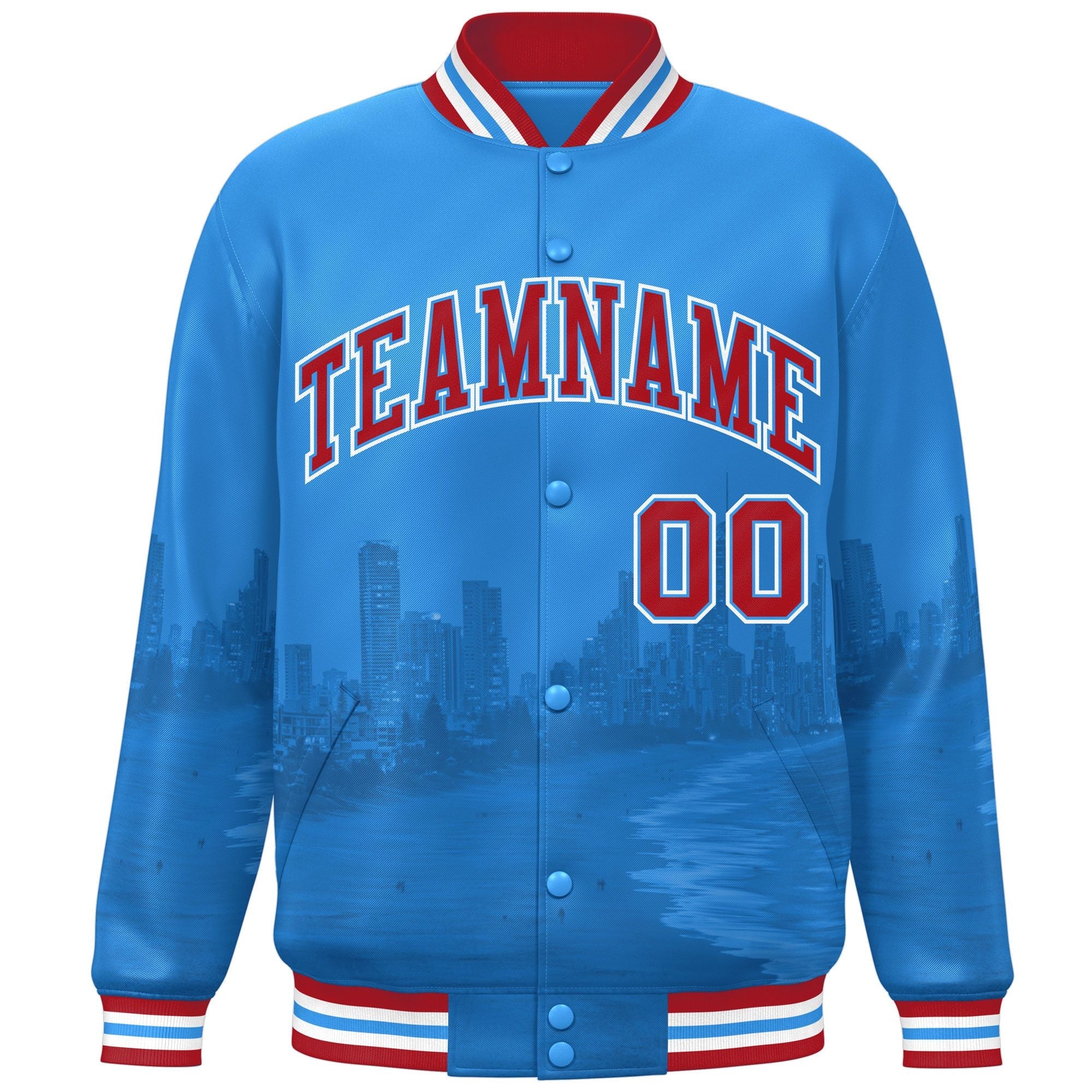 Custom Powder Blue Red-White Miami City Connect Track Varsity Full-Snap Jacket