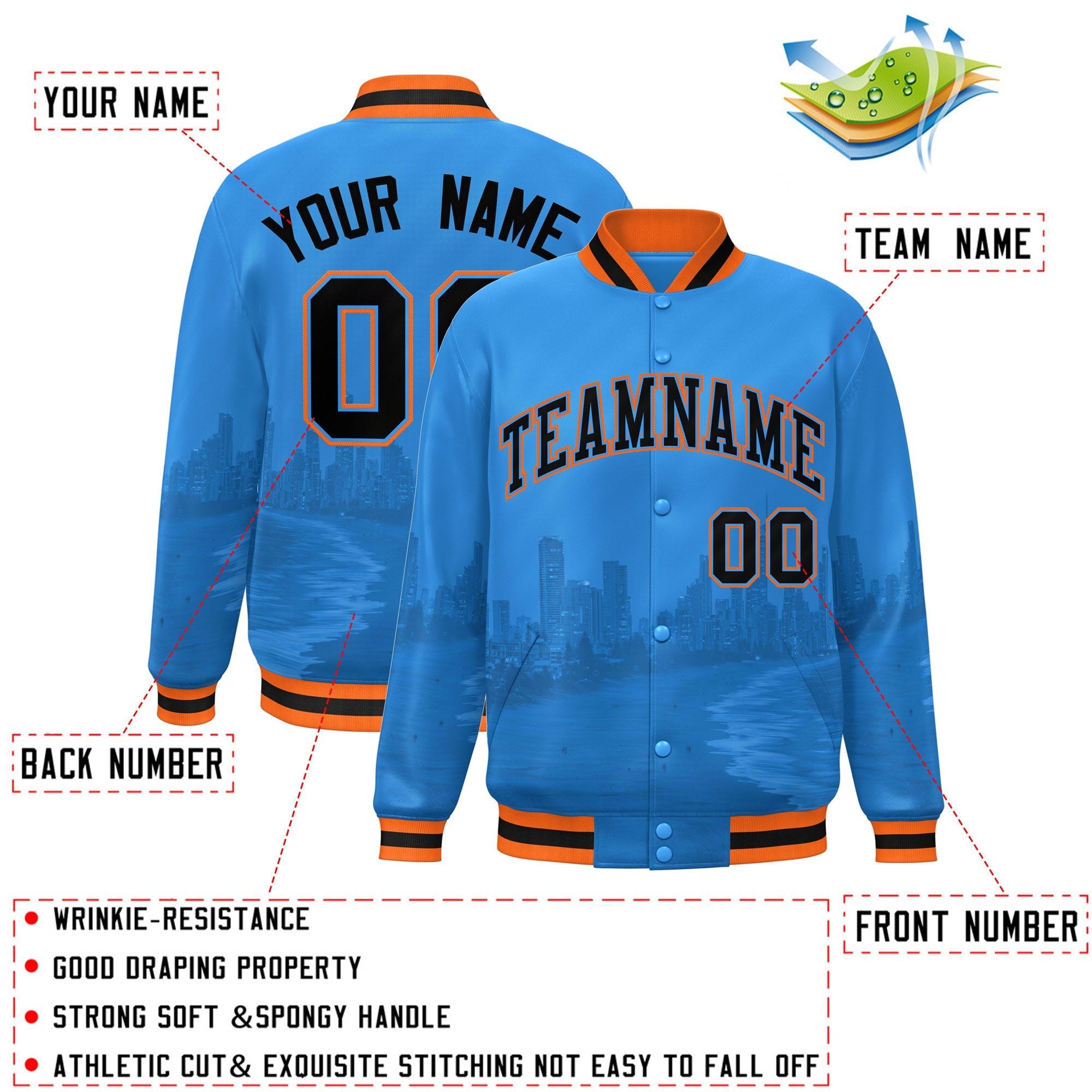 Custom Powder Blue Black-Orange Miami City Connect Track Varsity Full-Snap Jacket