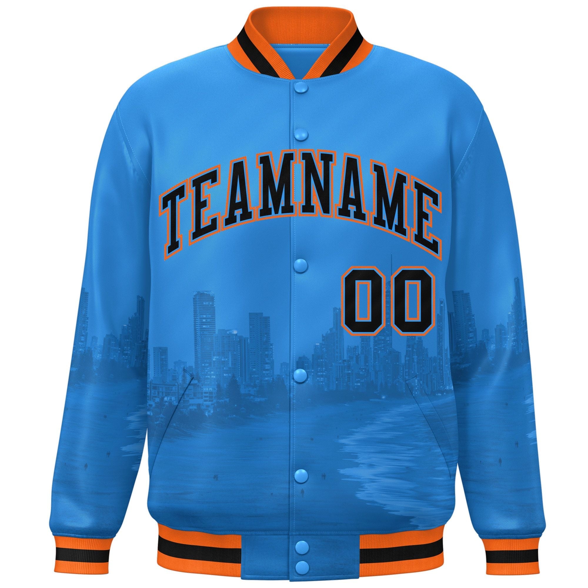 Custom Powder Blue Black-Orange Miami City Connect Track Varsity Full-Snap Jacket