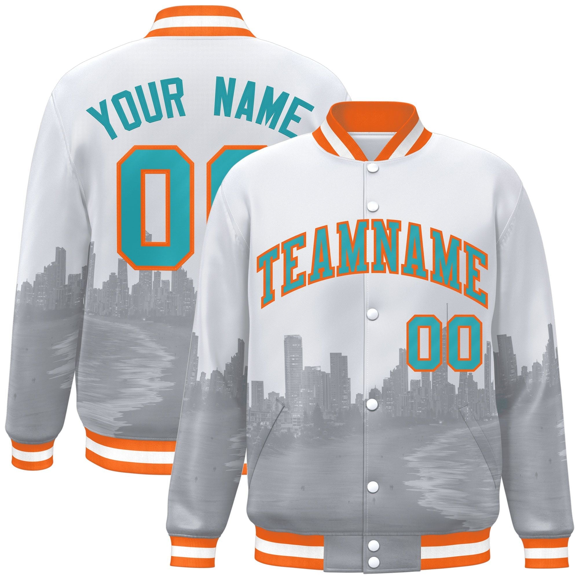 Custom White Aqua-Orange Miami City Connect Track Varsity Full-Snap Jacket