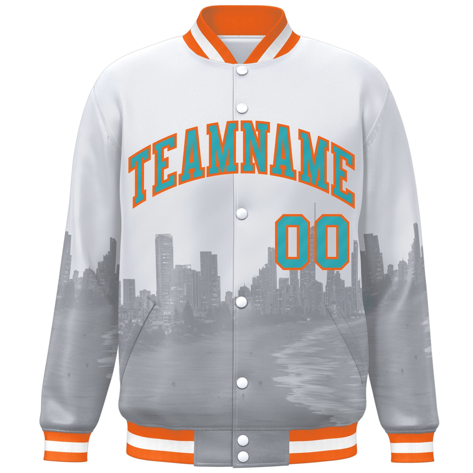 Custom White Aqua-Orange Miami City Connect Track Varsity Full-Snap Jacket