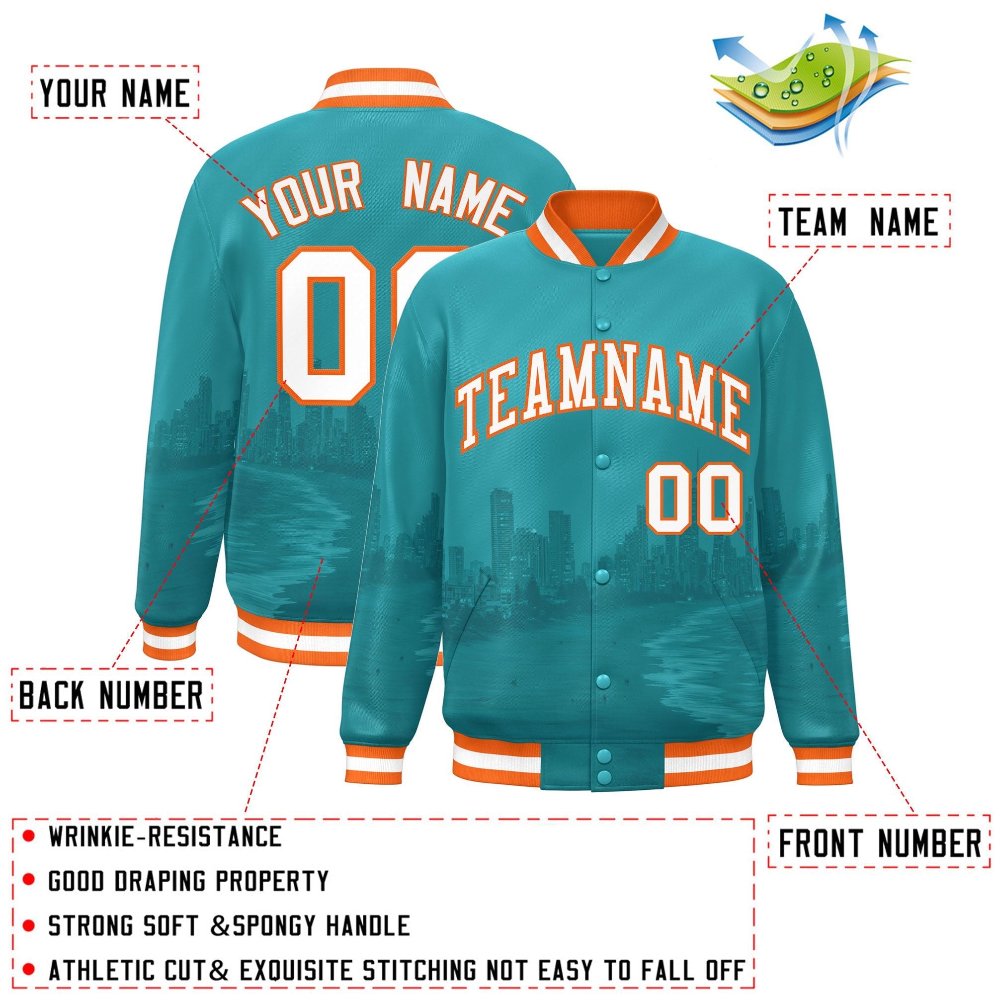 Custom Aqua White-Orange Miami City Connect Track Varsity Full-Snap Jacket