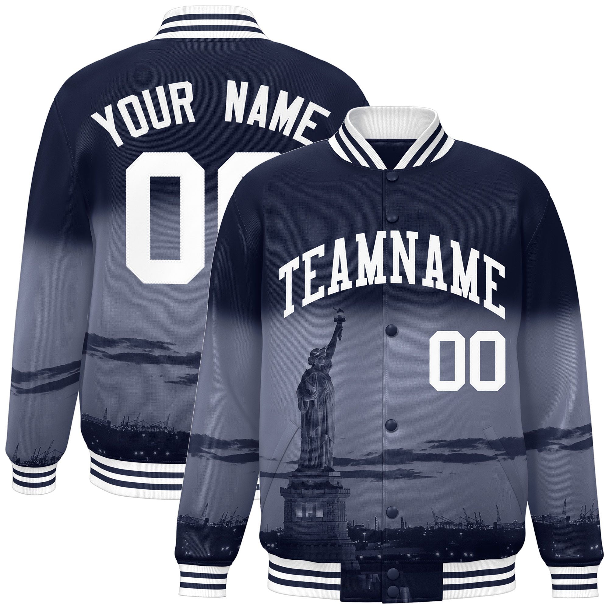 Custom Navy White New York City Connect Track Varsity Full-Snap Jacket