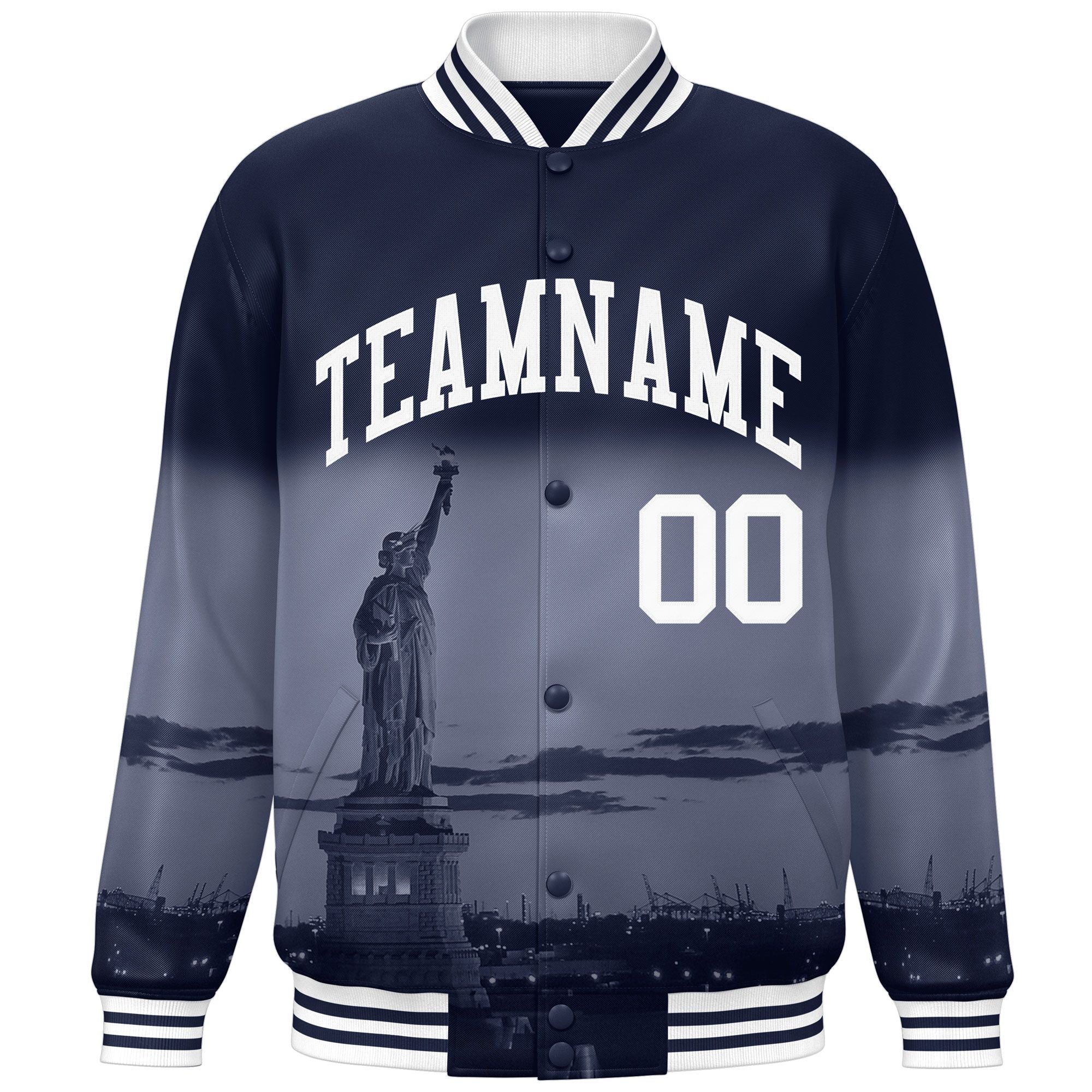 Custom Navy White New York City Connect Track Varsity Full-Snap Jacket