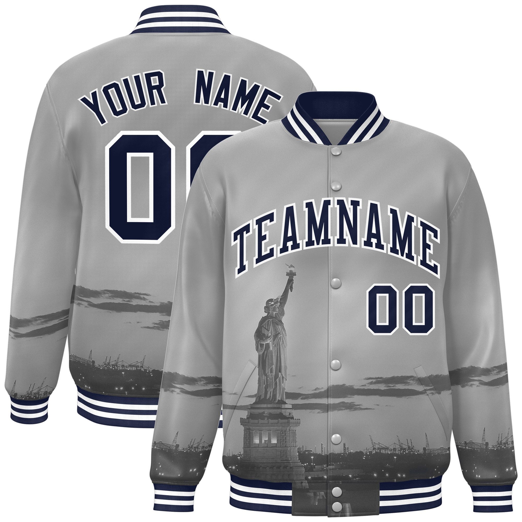 Custom Gray Navy-White New York City Connect Track Varsity Full-Snap Jacket