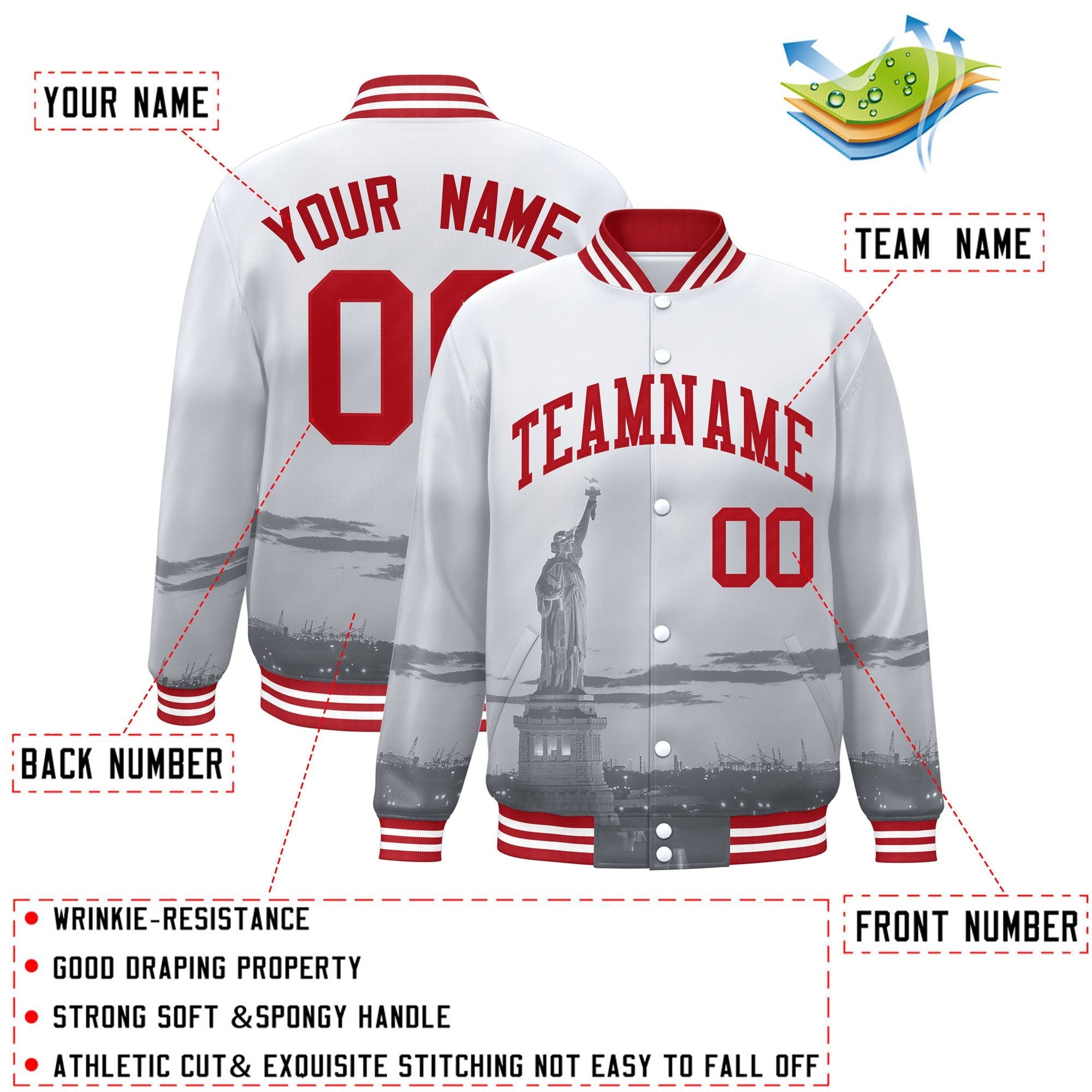 Custom White Red New York City Connect Track Varsity Full-Snap Jacket