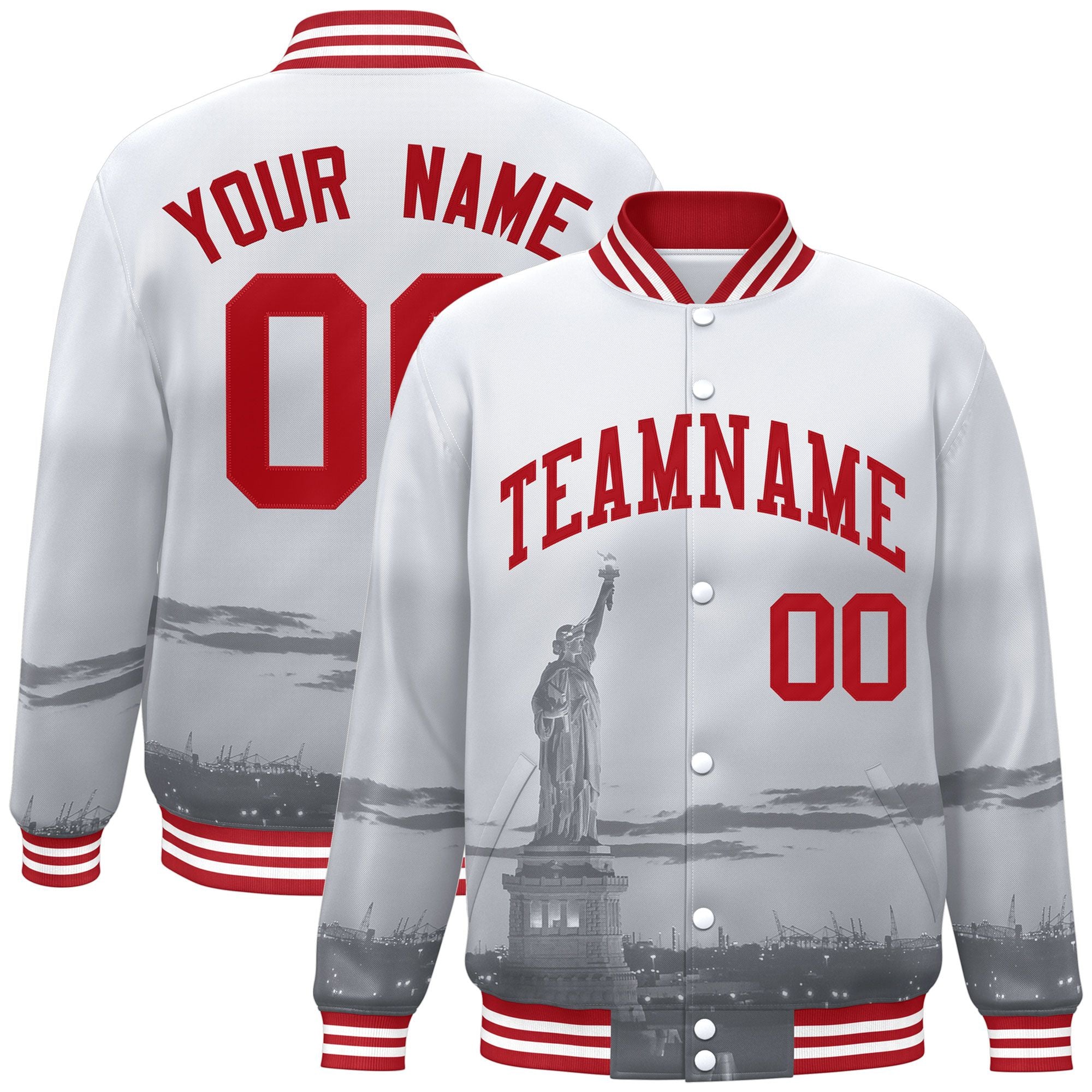 Custom White Red New York City Connect Track Varsity Full-Snap Jacket