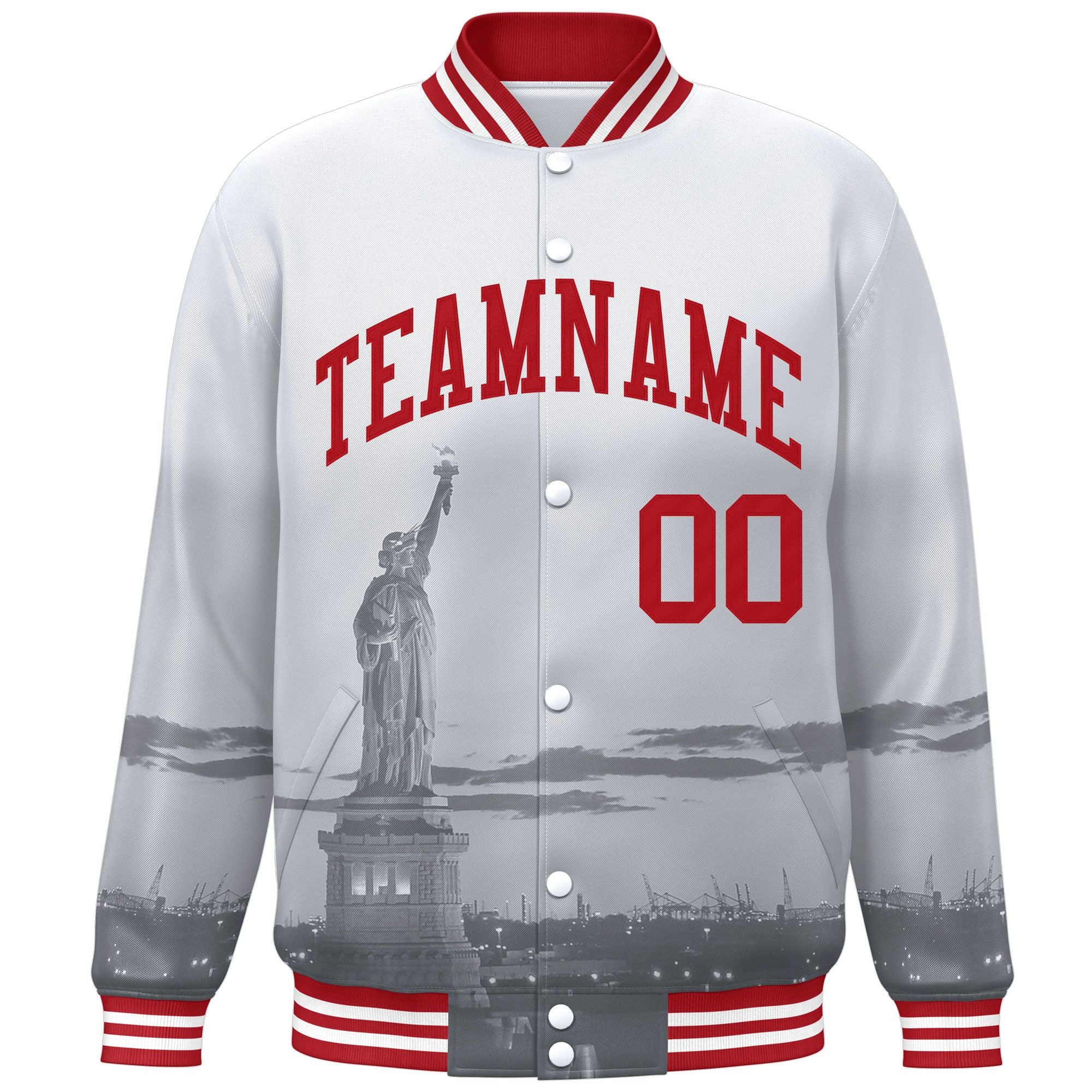 Custom White Red New York City Connect Track Varsity Full-Snap Jacket