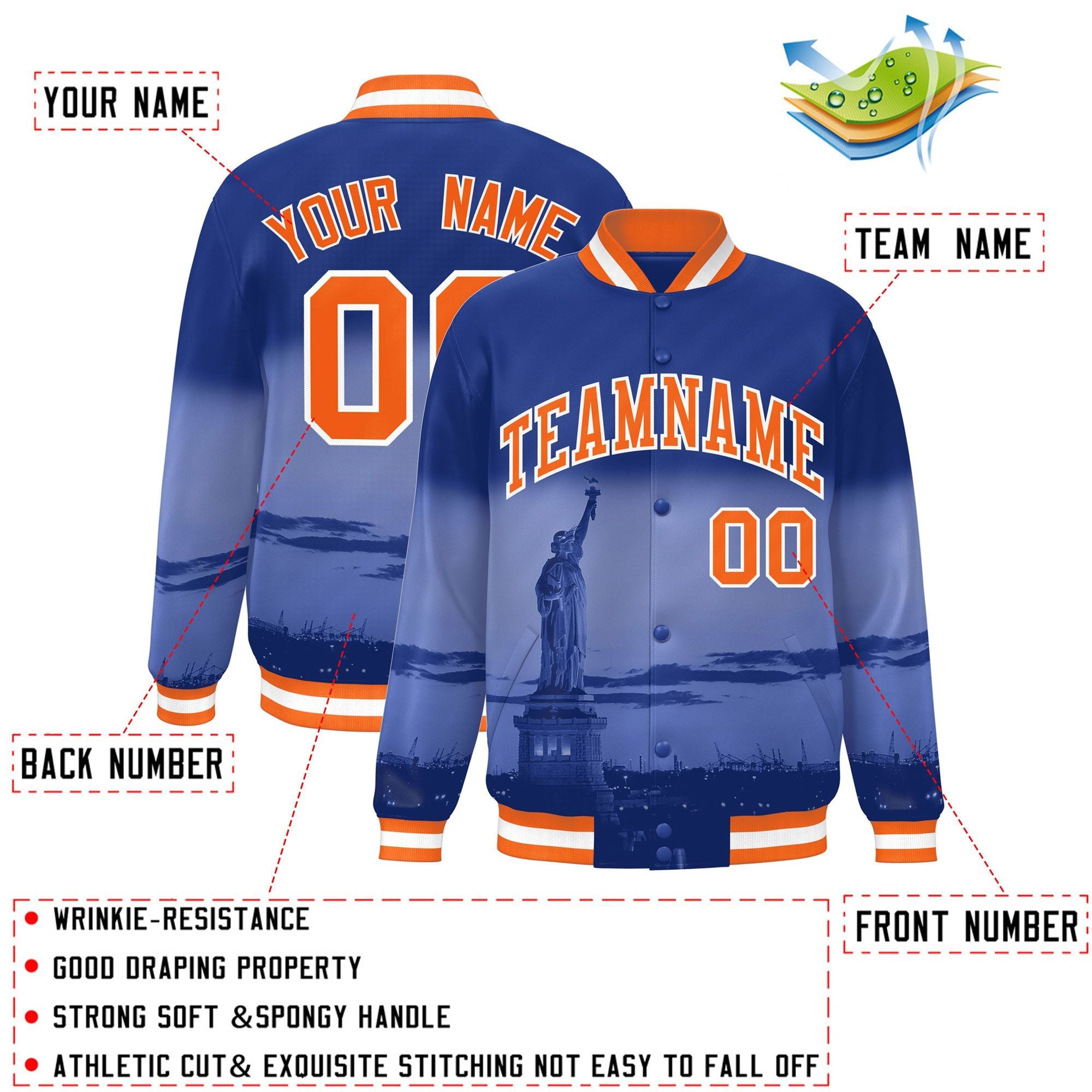 Custom Royal Orange-White New York City Connect Track Varsity Full-Snap Jacket