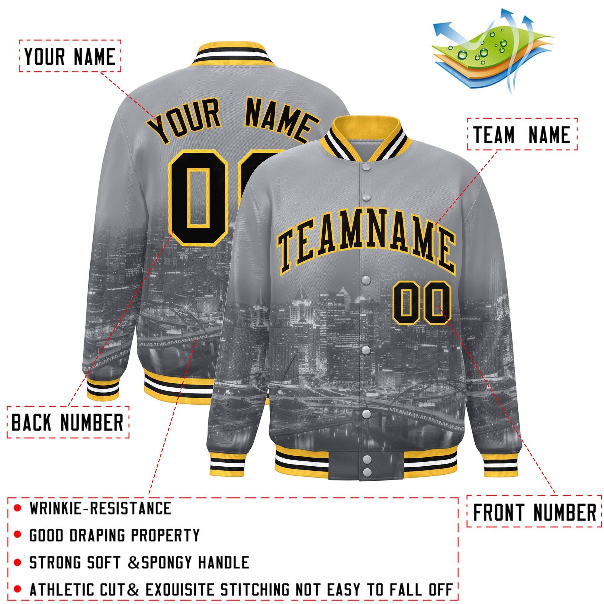 Custom Gray Black-Gold Pittsburgh City Connect Track Varsity Full-Snap Jacket