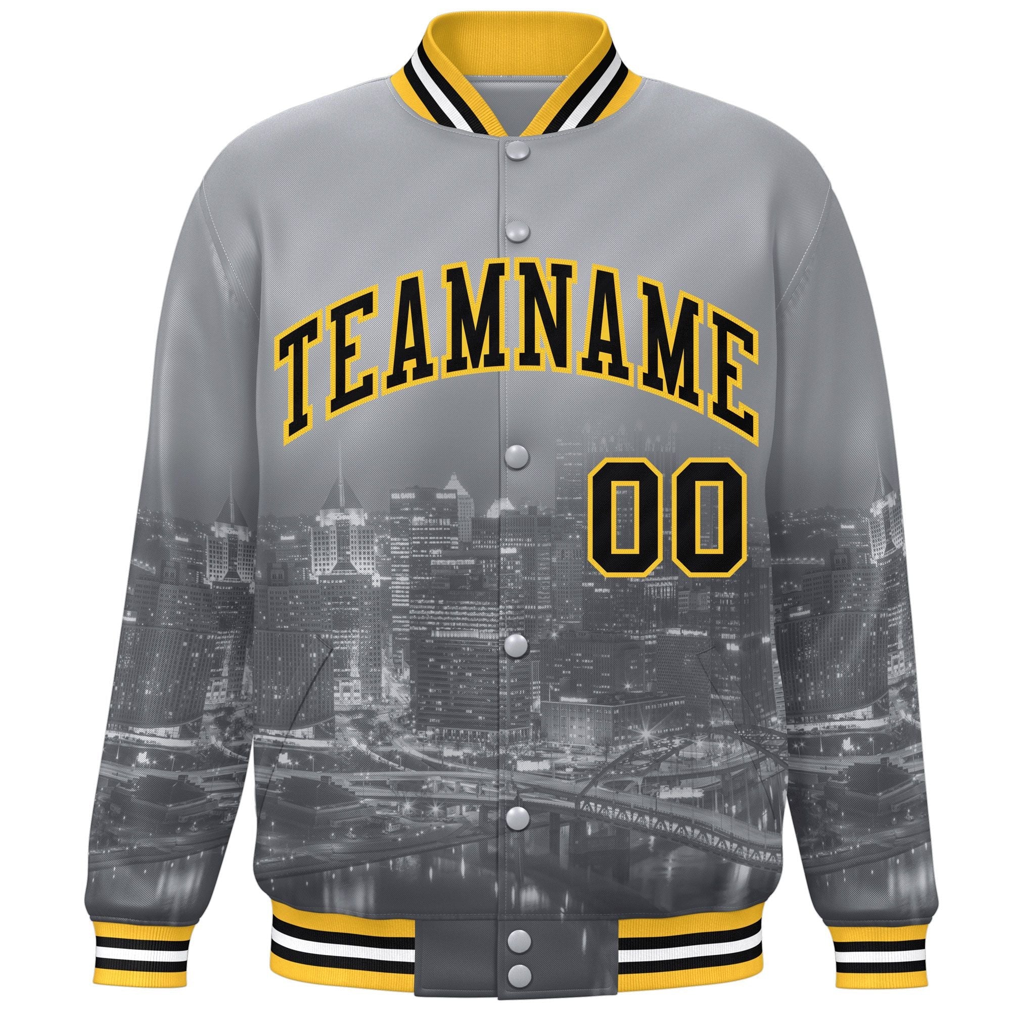 Custom Gray Black-Gold Pittsburgh City Connect Track Varsity Full-Snap Jacket