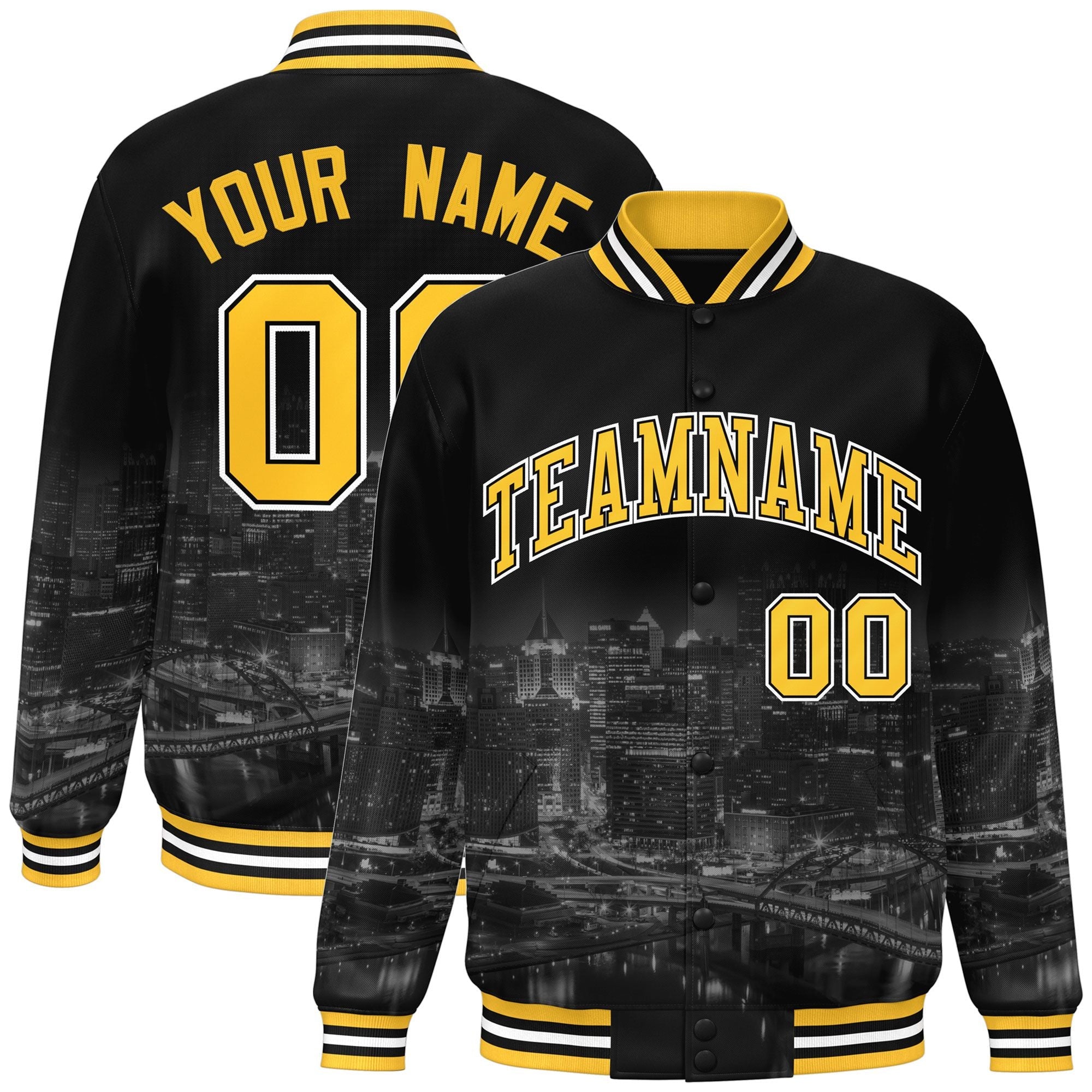 Custom Black Gold-White Pittsburgh City Connect Track Varsity Full-Snap Jacket