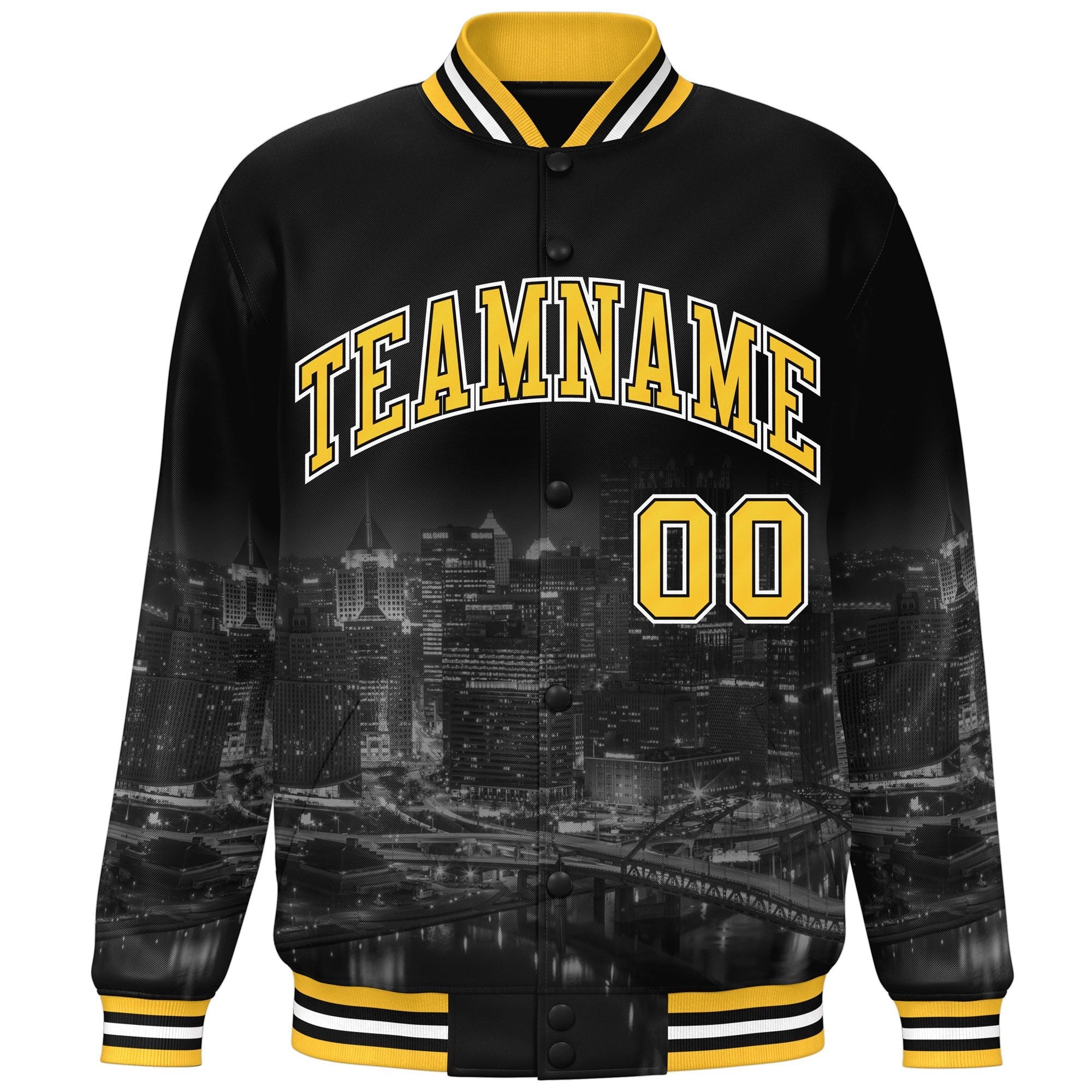 Custom Black Gold-White Pittsburgh City Connect Track Varsity Full-Snap Jacket