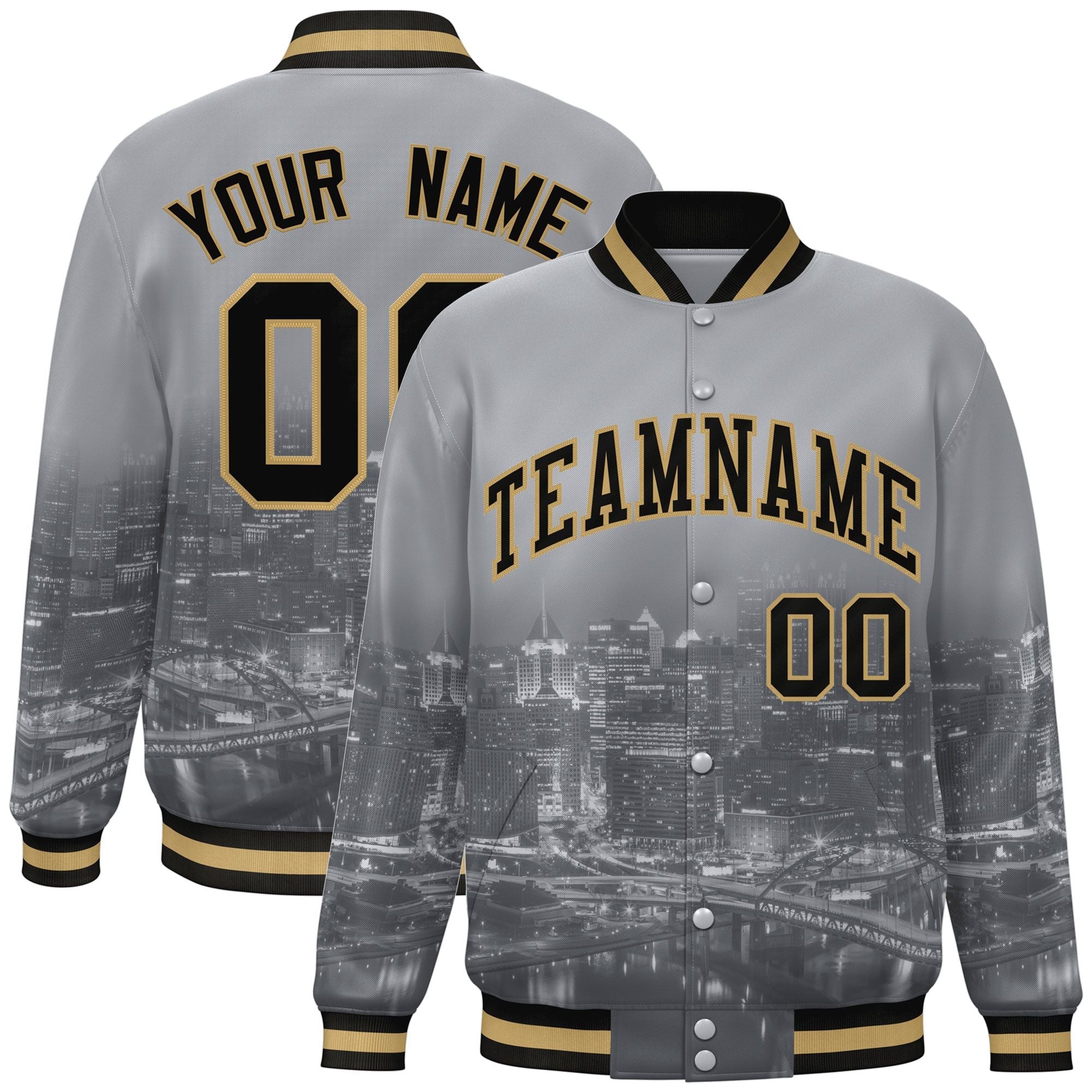 Custom Gray Black-Old Gold Pittsburgh City Connect Track Varsity Full-Snap Jacket