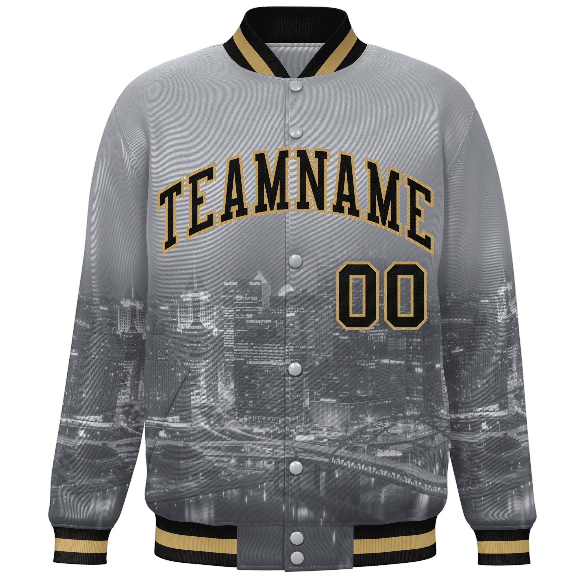 Custom Gray Black-Old Gold Pittsburgh City Connect Track Varsity Full-Snap Jacket