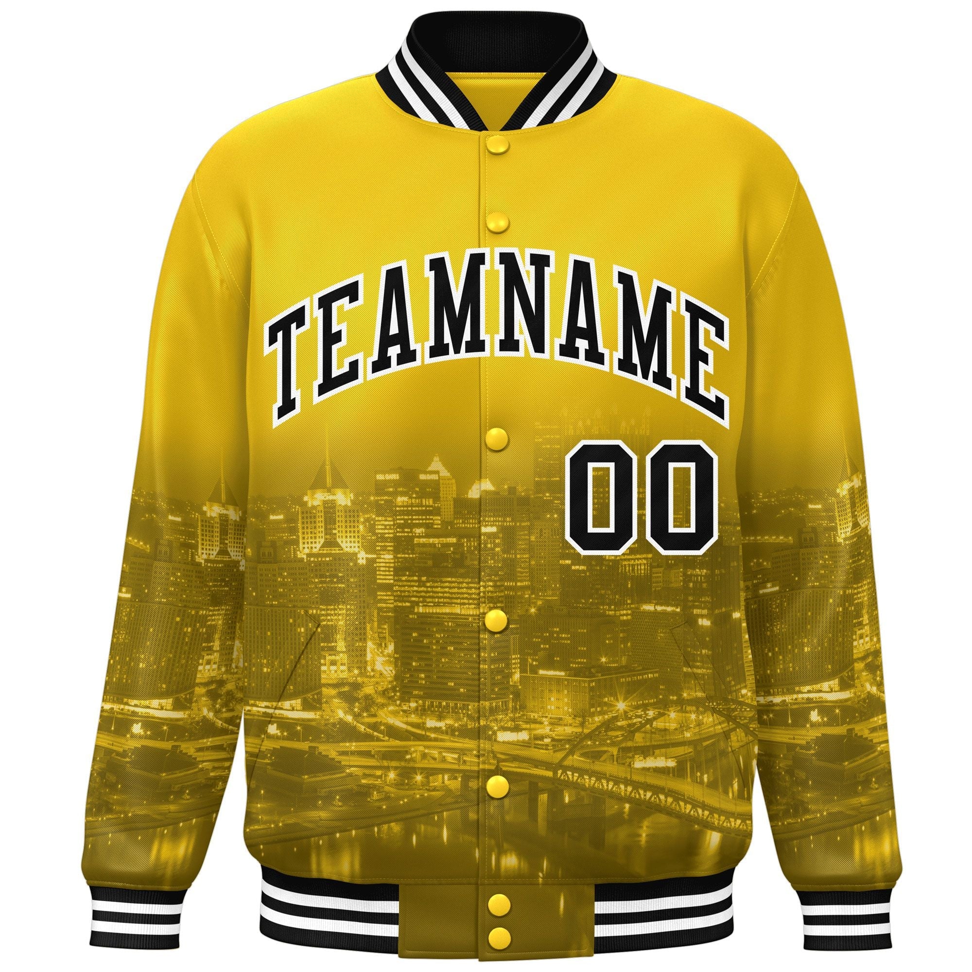 Custom Gold Black-White Pittsburgh City Connect Track Varsity Full-Snap Jacket