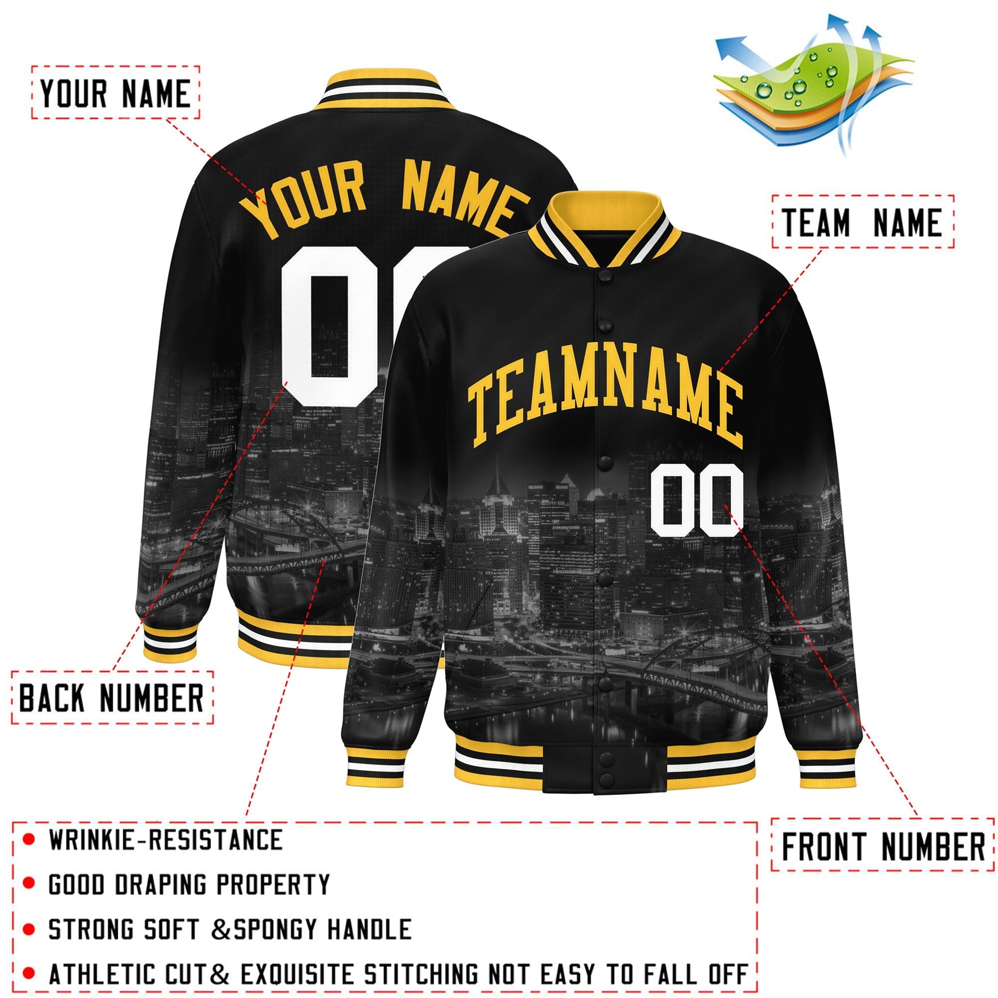 Custom Black Gold Pittsburgh City Connect Track Varsity Full-Snap Jacket