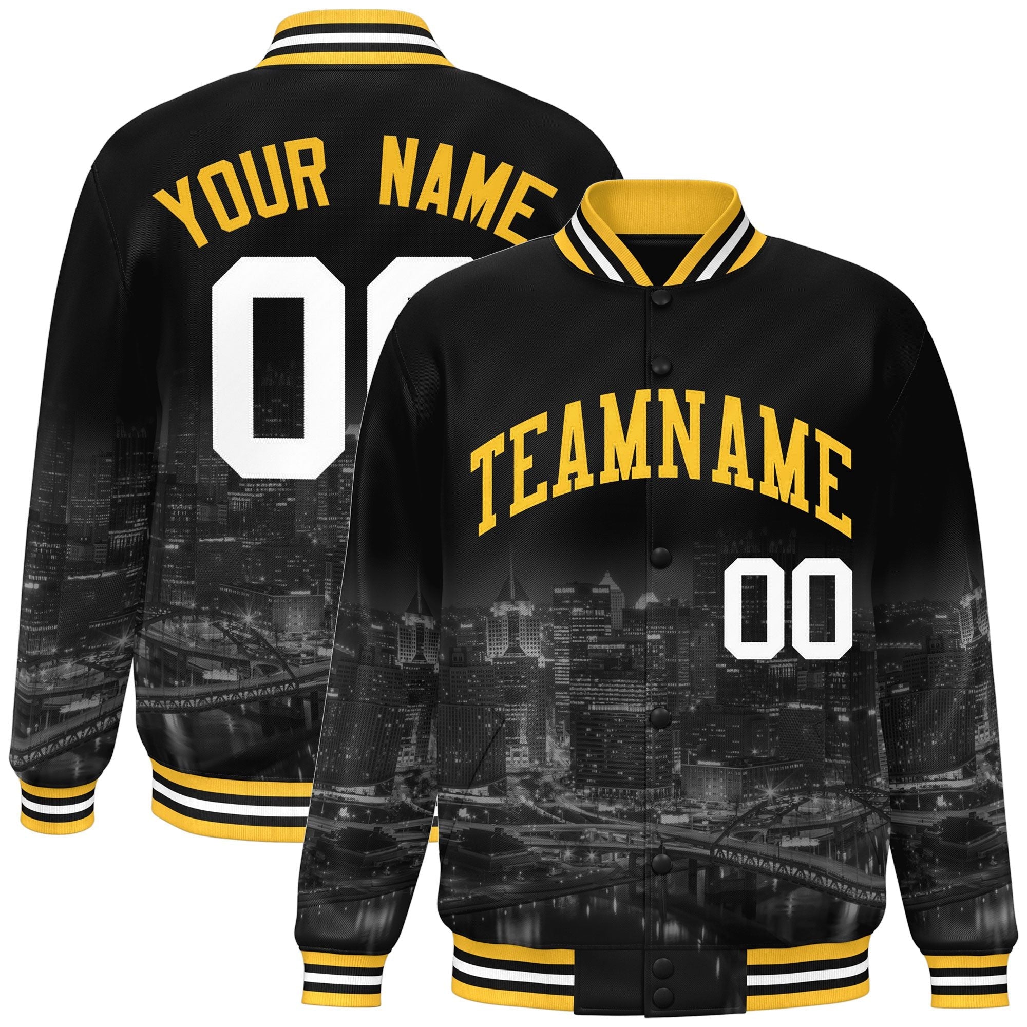 Custom Black Gold Pittsburgh City Connect Track Varsity Full-Snap Jacket