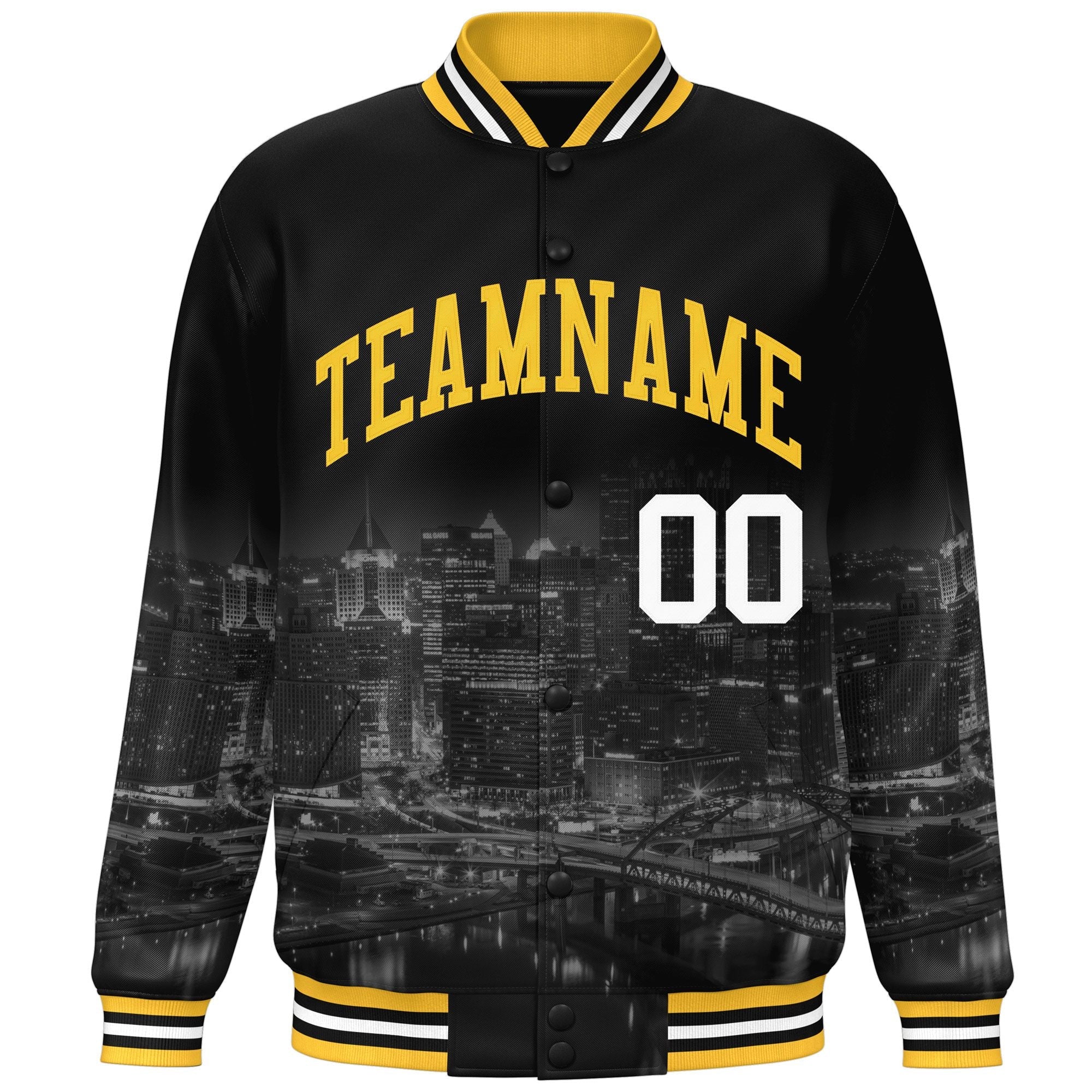 Custom Black Gold Pittsburgh City Connect Track Varsity Full-Snap Jacket