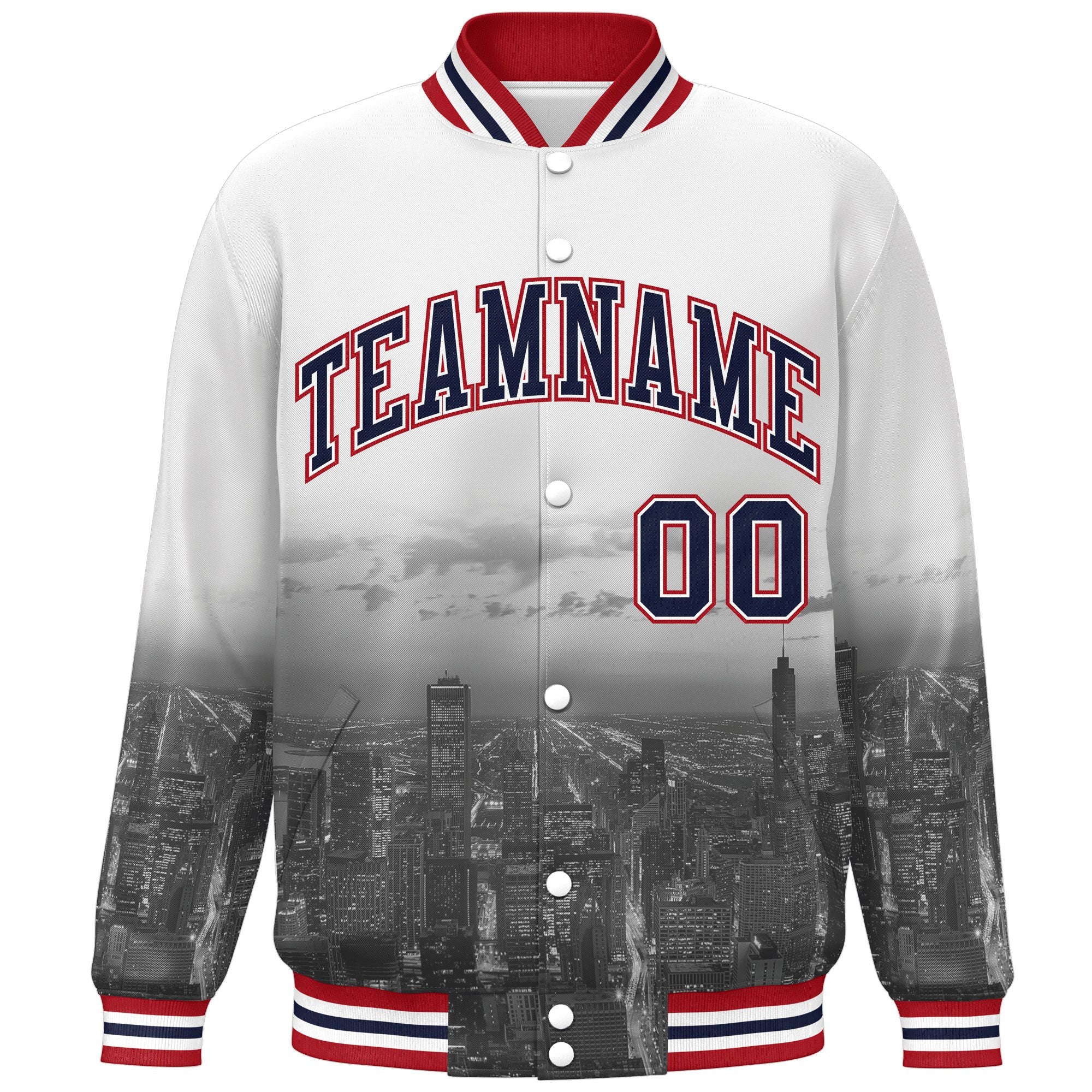 Custom White Navy-Red Chicago City Connect Track Varsity Full-Snap Jacket