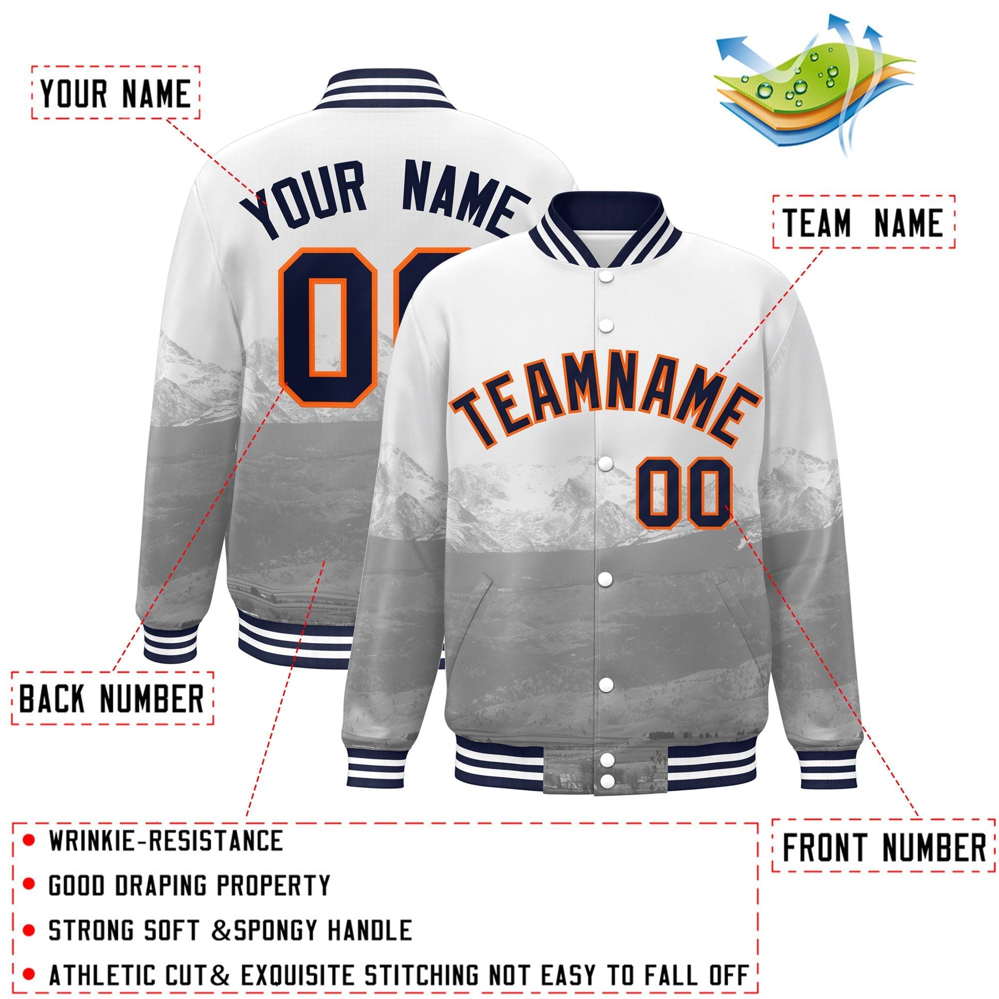 Custom White Navy-Orange Denver City Connect Track Varsity Full-Snap Jacket