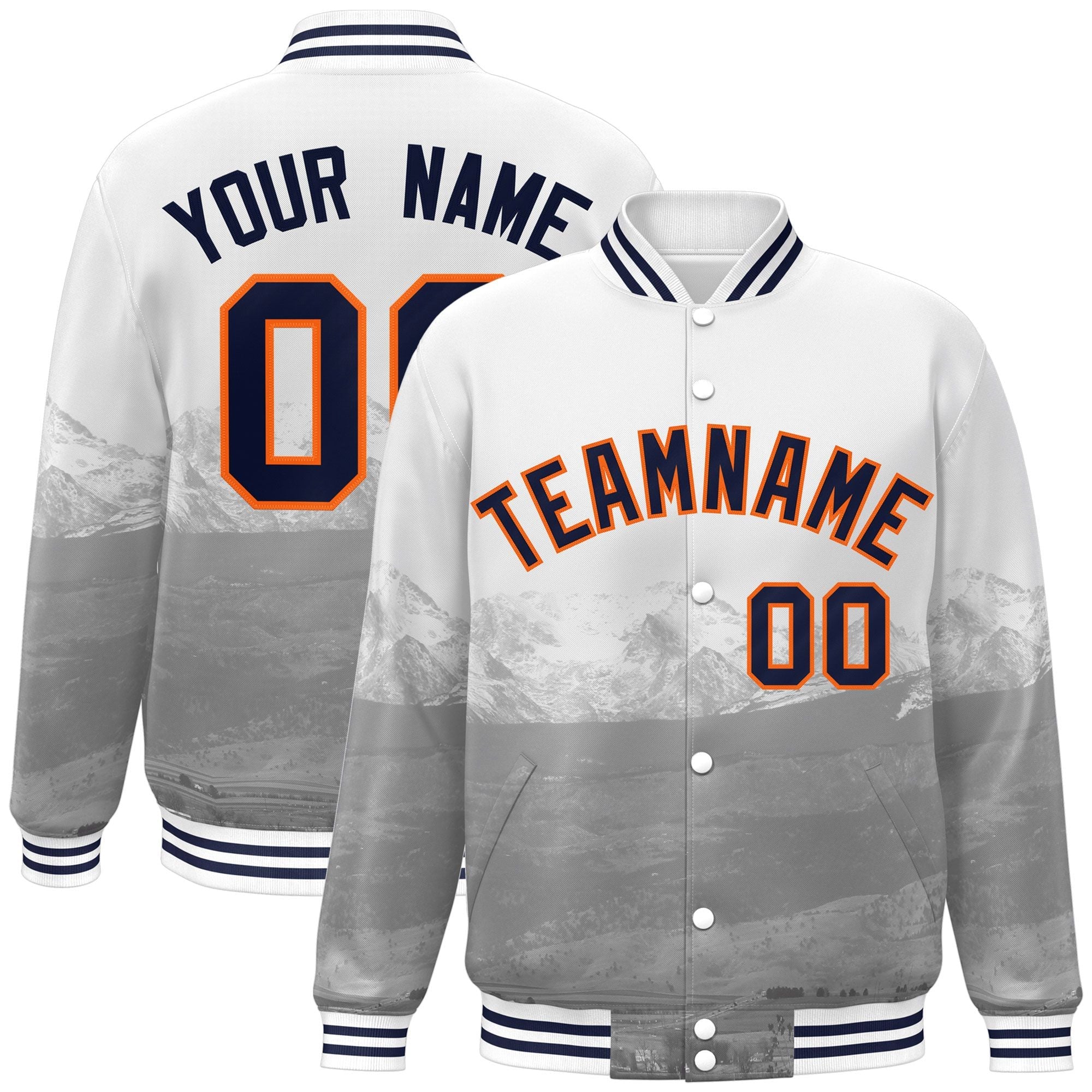 Custom White Navy-Orange Denver City Connect Track Varsity Full-Snap Jacket