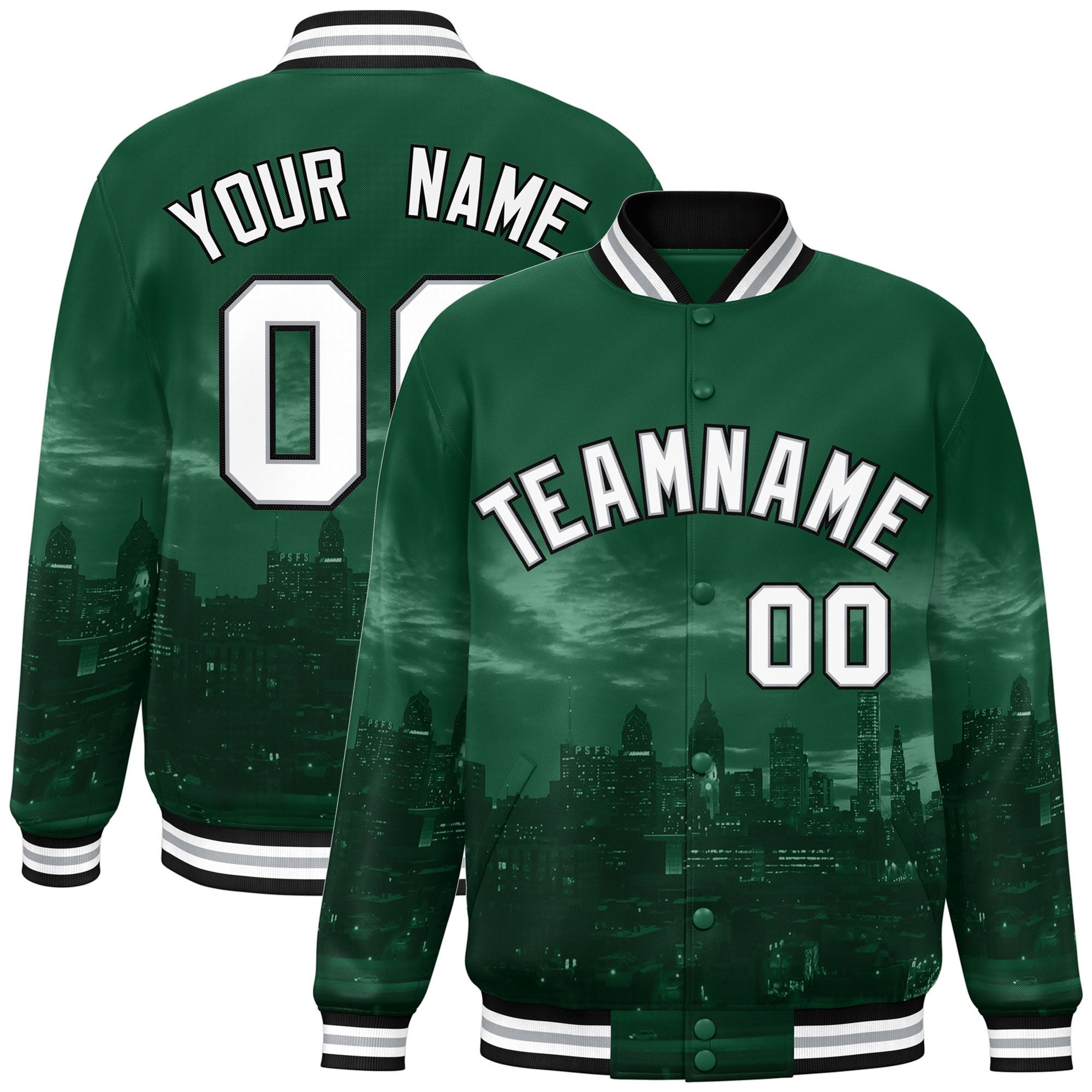 Custom Green White-Black Philadelphia City Connect Track Varsity Full-Snap Jacket