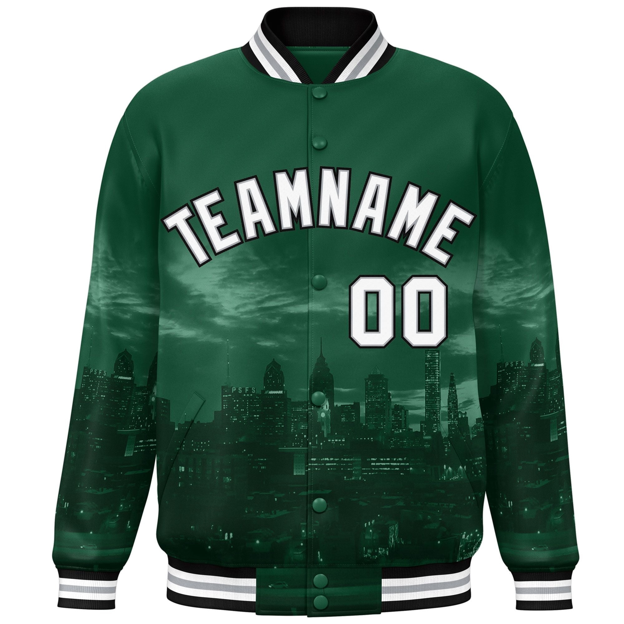 Custom Green White-Black Philadelphia City Connect Track Varsity Full-Snap Jacket