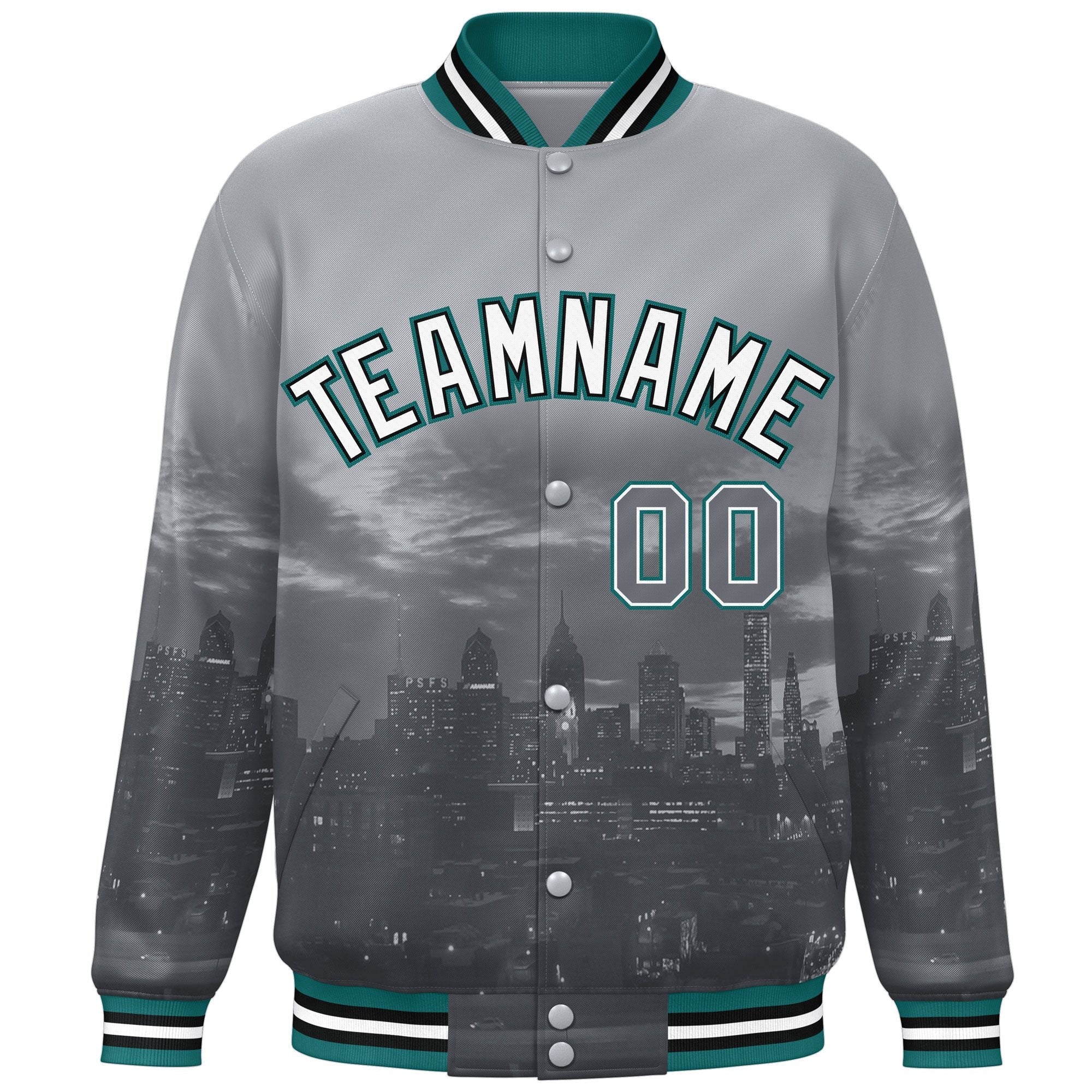 Custom Gray White-Aqua Philadelphia City Connect Track Varsity Full-Snap Jacket