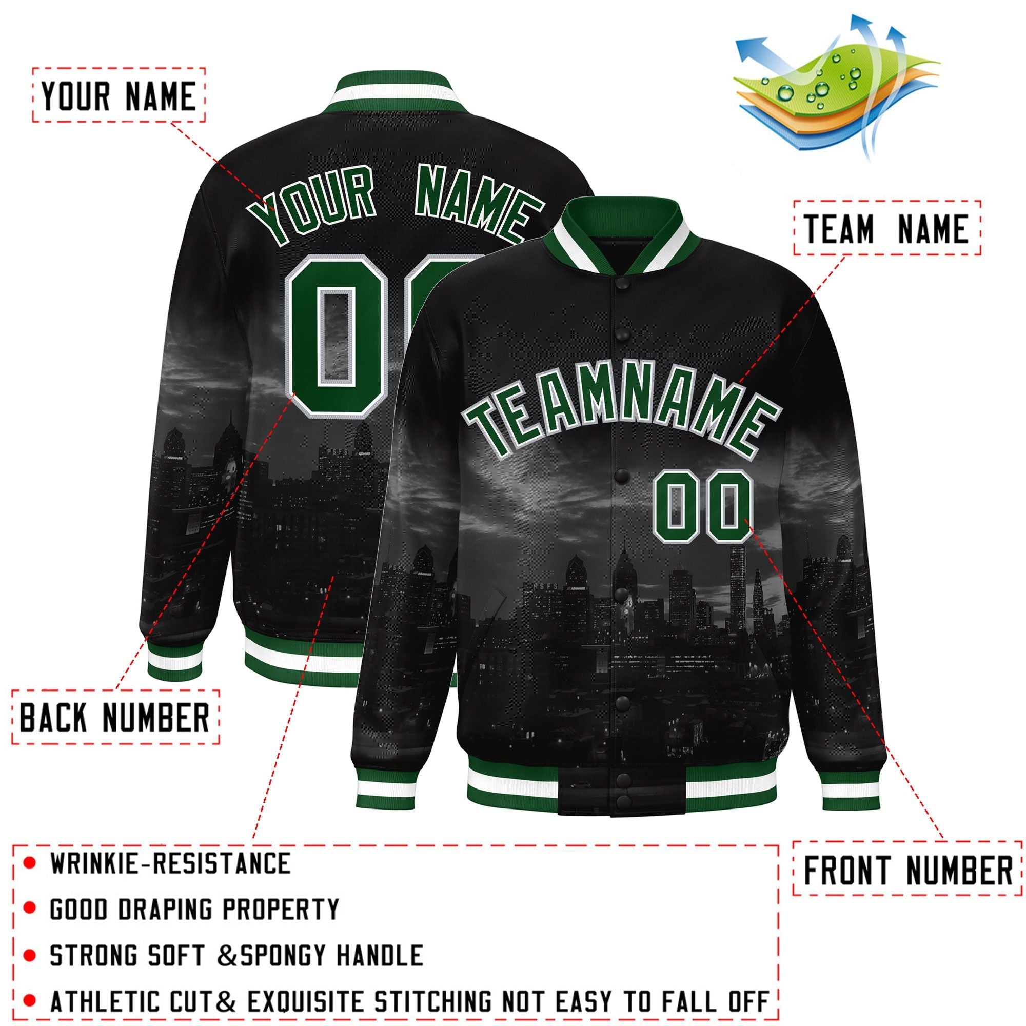 Custom Black Green-White Philadelphia City Connect Track Varsity Full-Snap Jacket