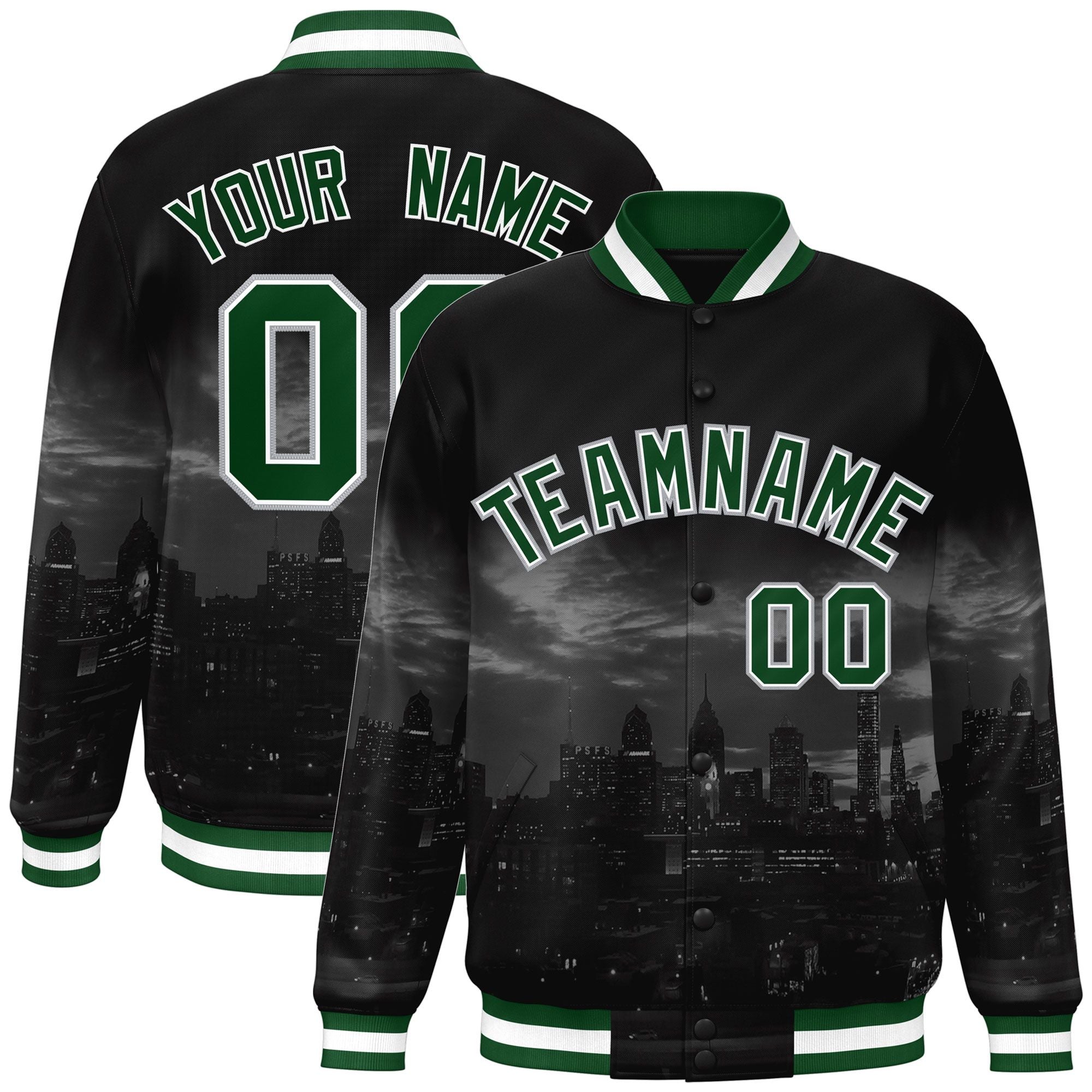 Custom Black Green-White Philadelphia City Connect Track Varsity Full-Snap Jacket