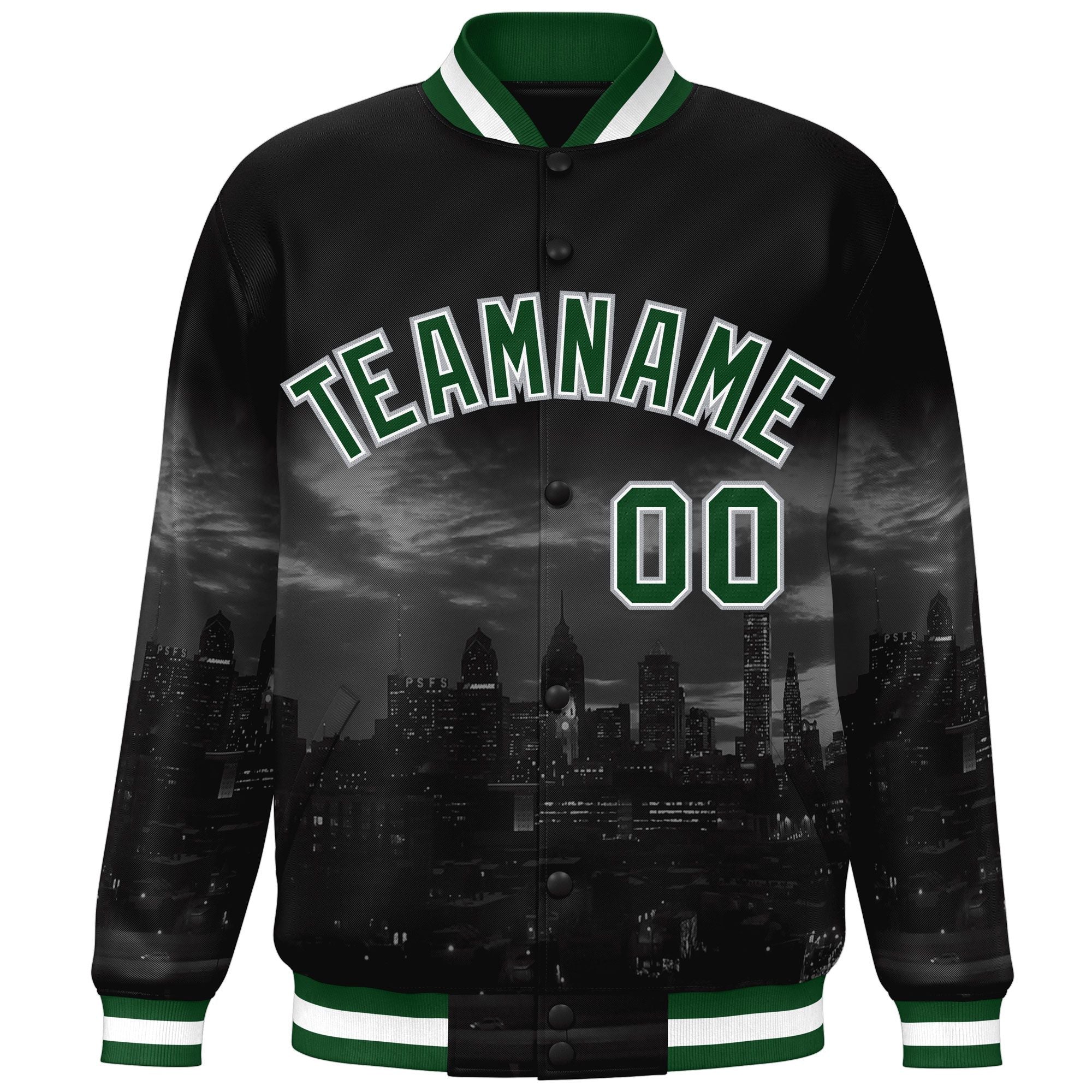 Custom Black Green-White Philadelphia City Connect Track Varsity Full-Snap Jacket