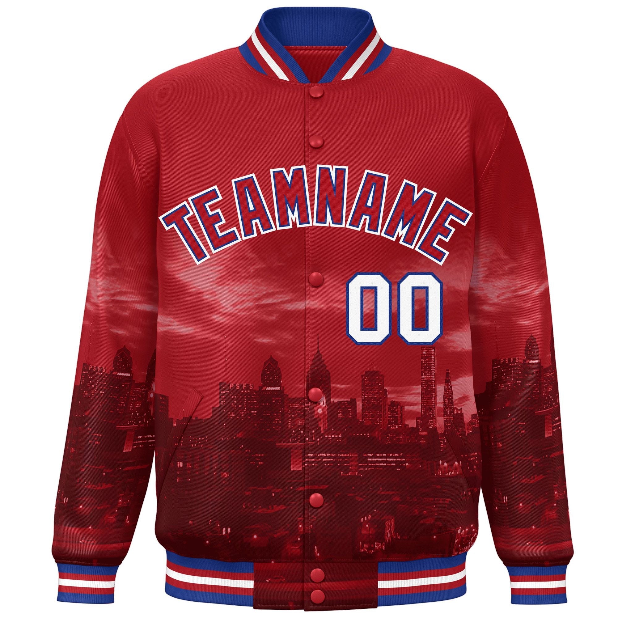 Custom Red Royal-White Philadelphia City Connect Track Varsity Full-Snap Jacket