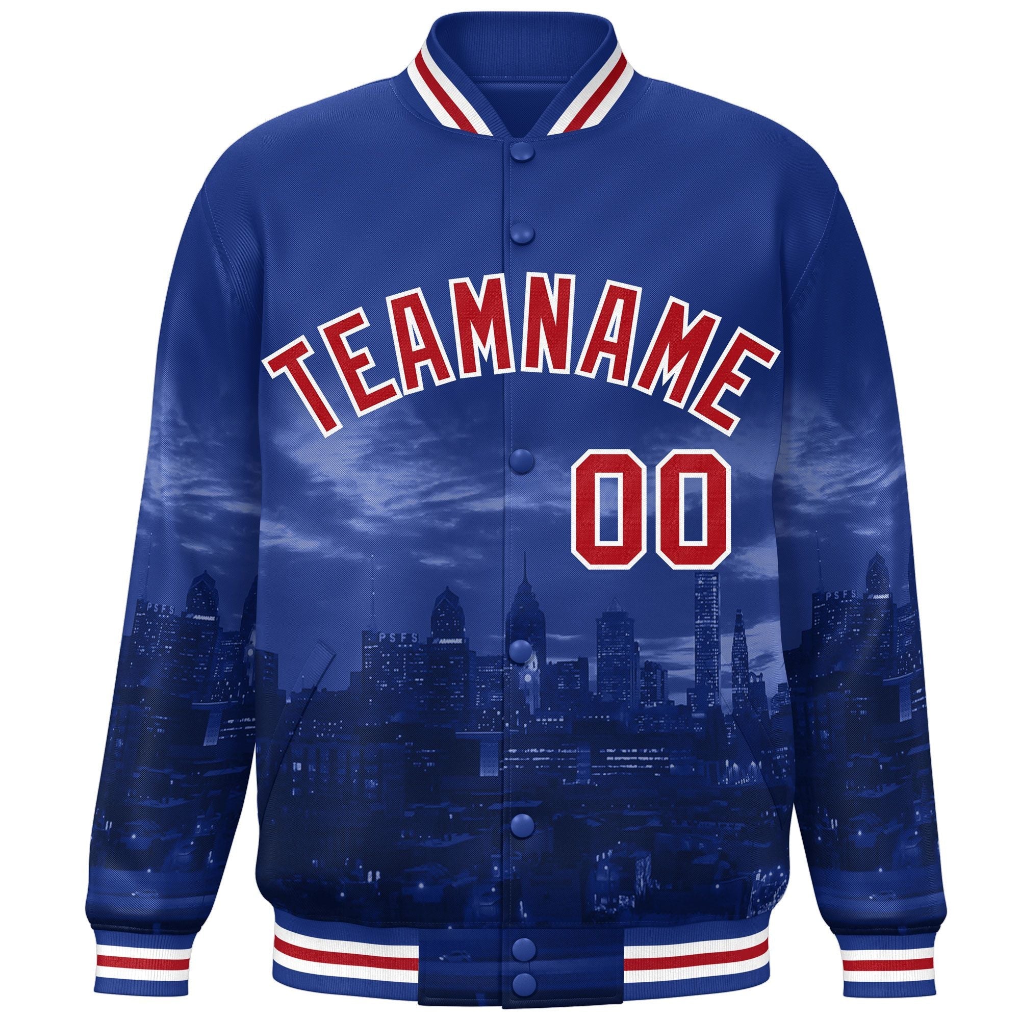 Custom Royal Red-White Philadelphia City Connect Track Varsity Full-Snap Jacket