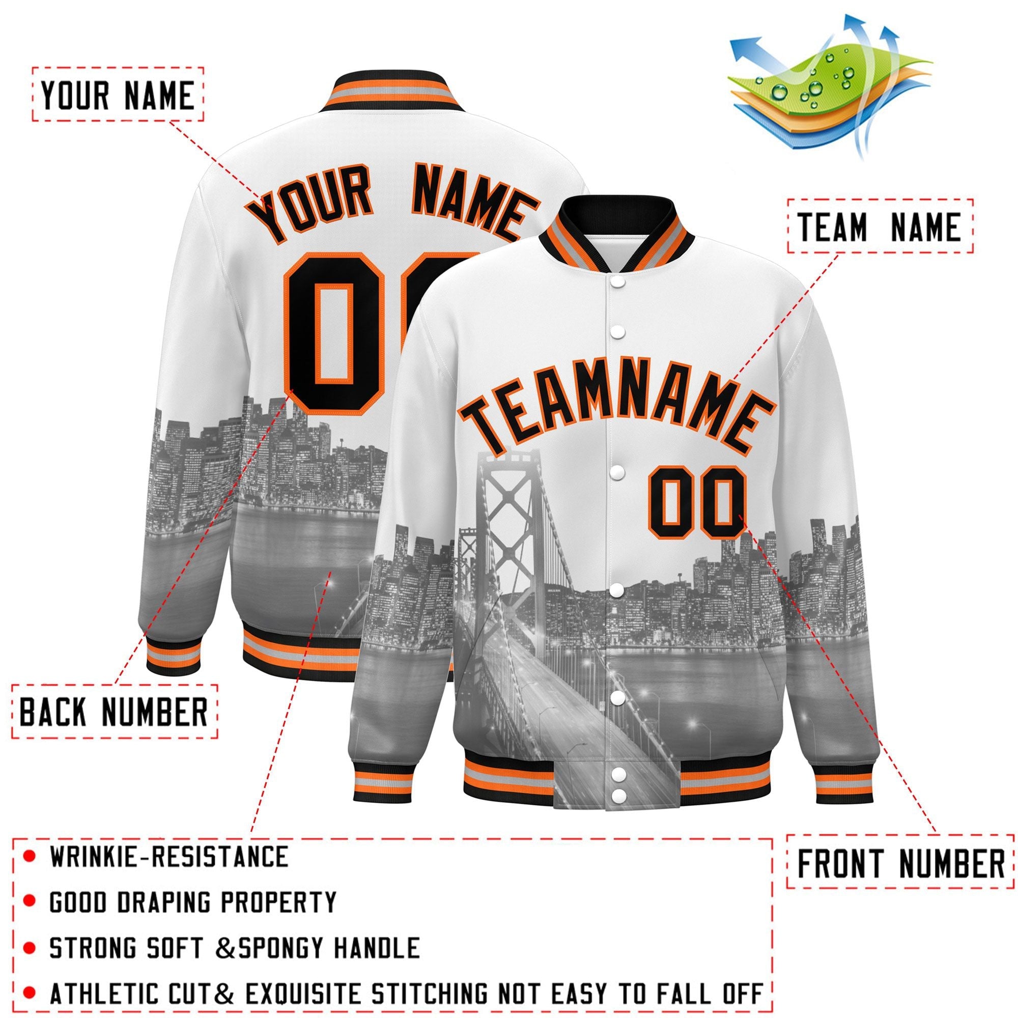 Custom White Black-Orange San Francisco City Connect Track Varsity Full-Snap Jacket