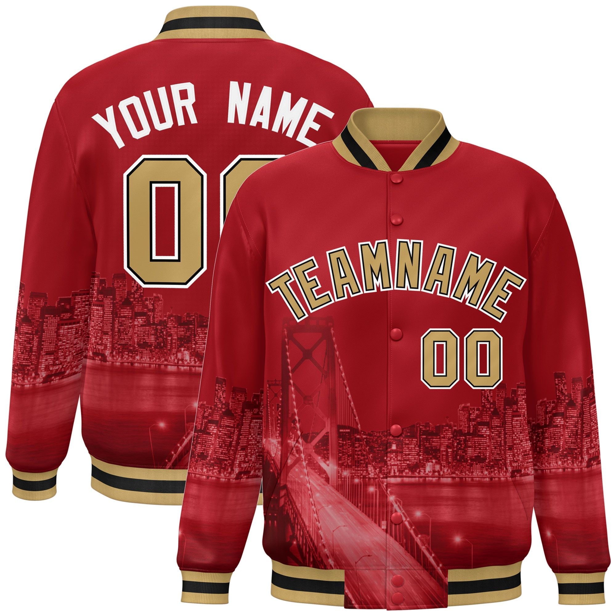 Custom Red Old Gold-White San Francisco City Connect Track Varsity Full-Snap Jacket