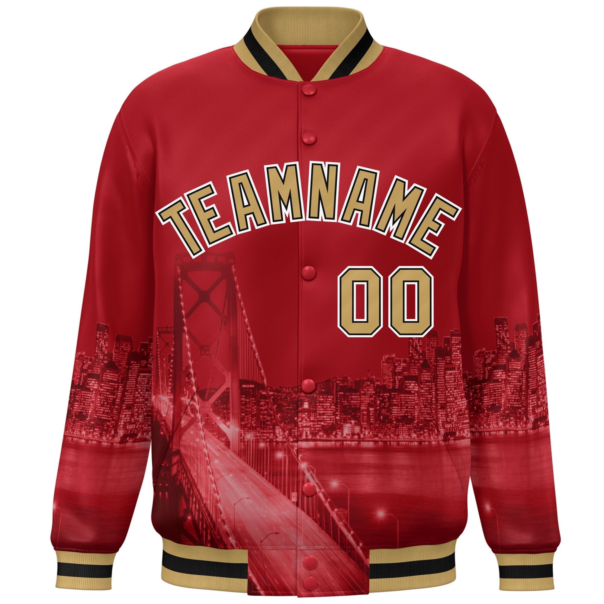 Custom Red Old Gold-White San Francisco City Connect Track Varsity Full-Snap Jacket