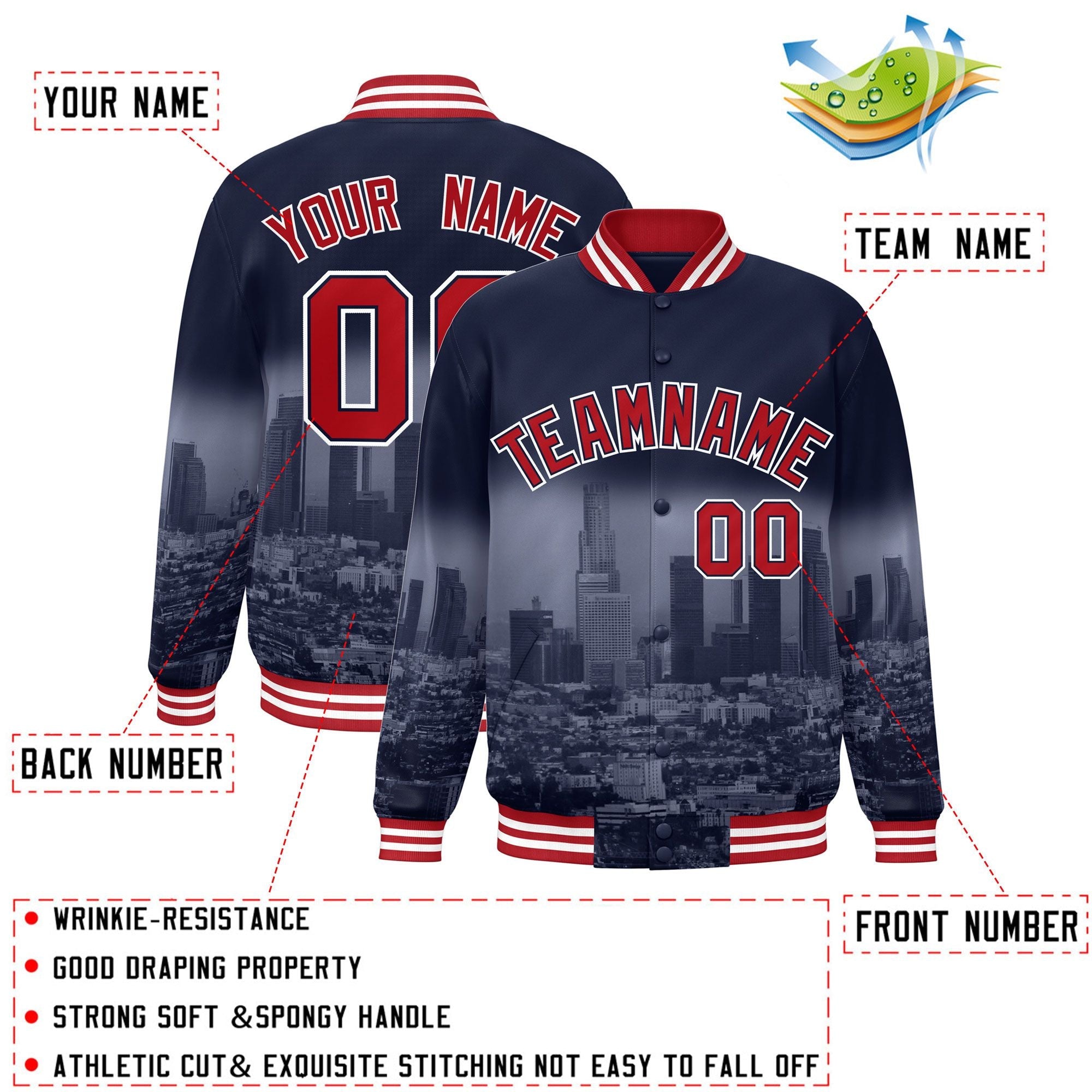 Custom Navy Red-White Los Angeles City Connect Track Varsity Full-Snap Jacket