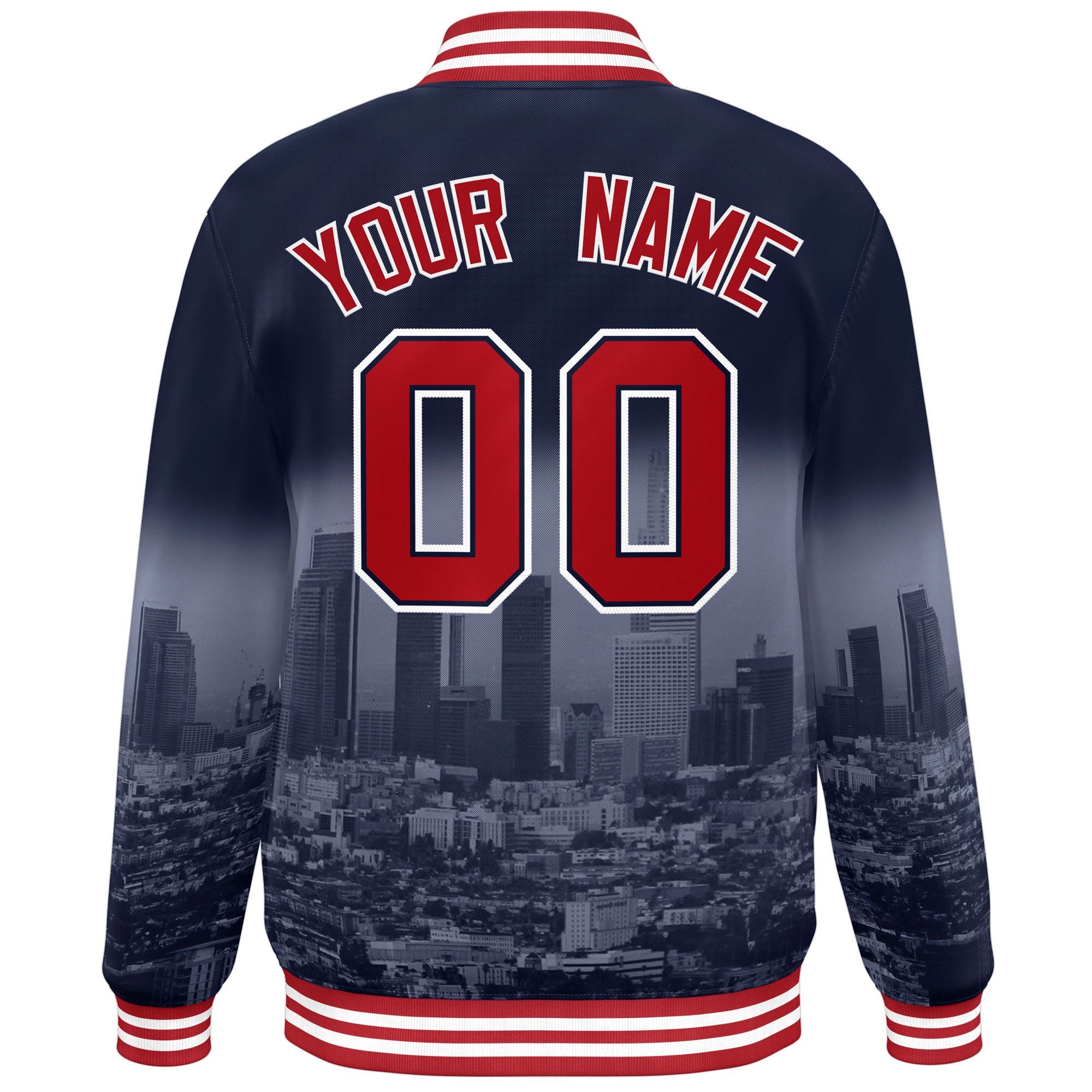 Custom Navy Red-White Los Angeles City Connect Track Varsity Full-Snap Jacket