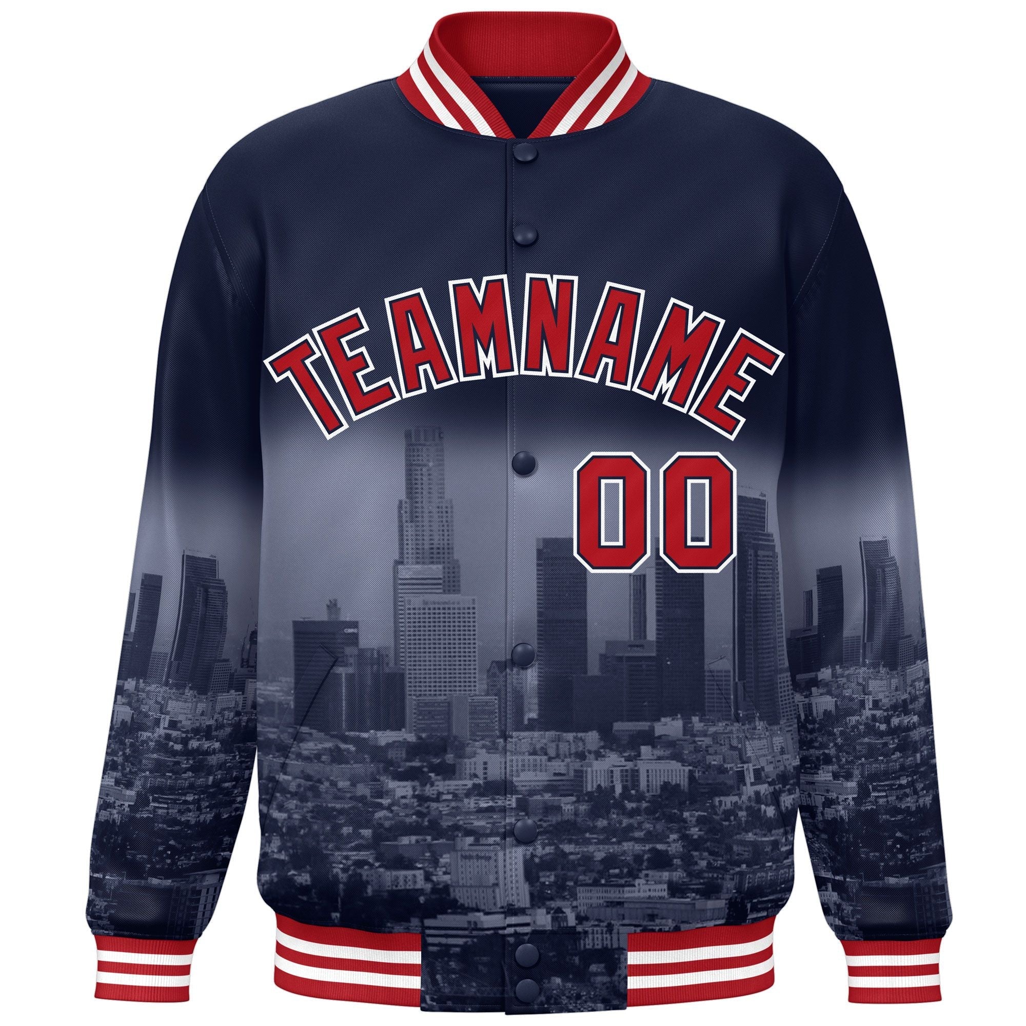 Custom Navy Red-White Los Angeles City Connect Track Varsity Full-Snap Jacket