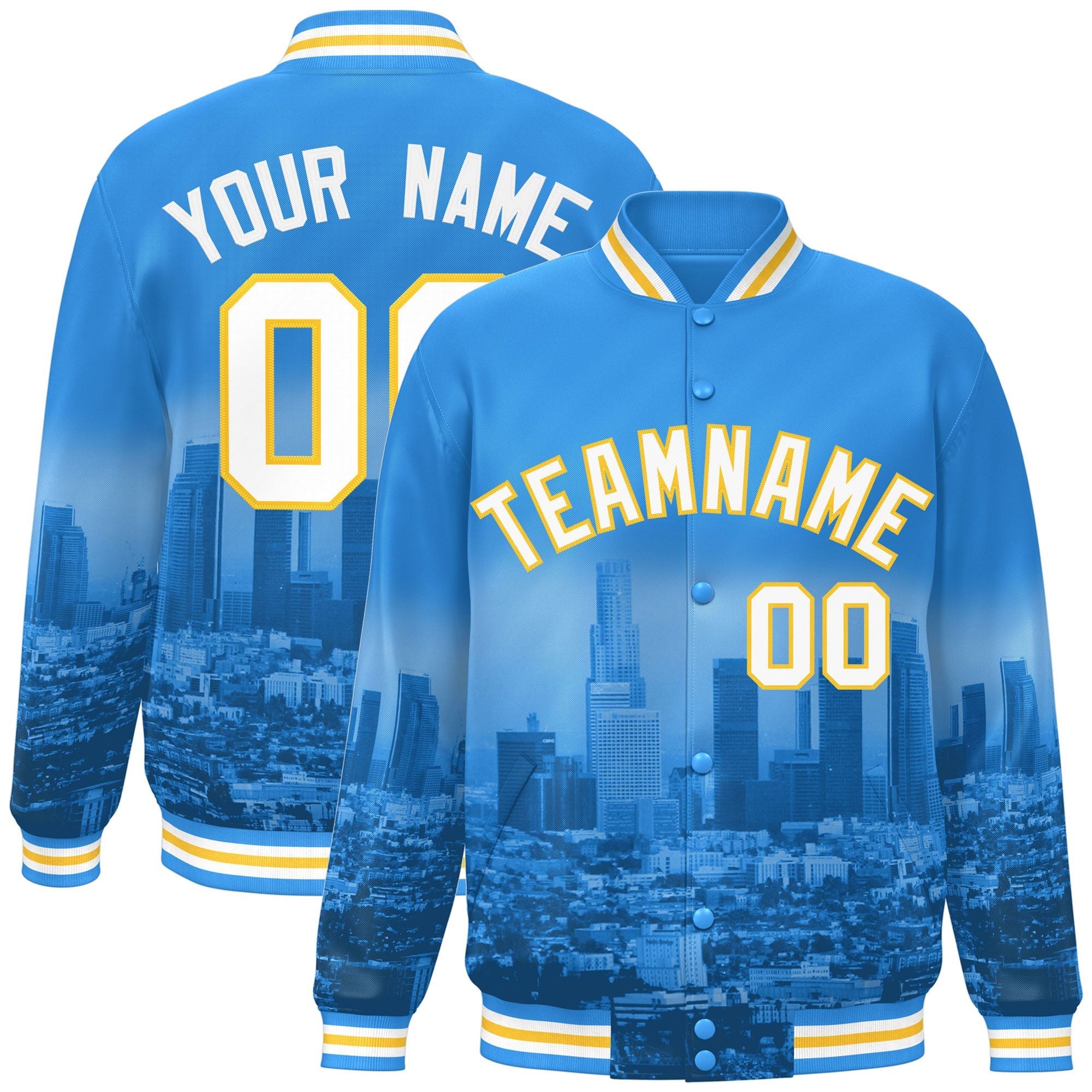 Custom Powder Blue White-Gold Los Angeles City Connect Track Varsity Full-Snap Jacket