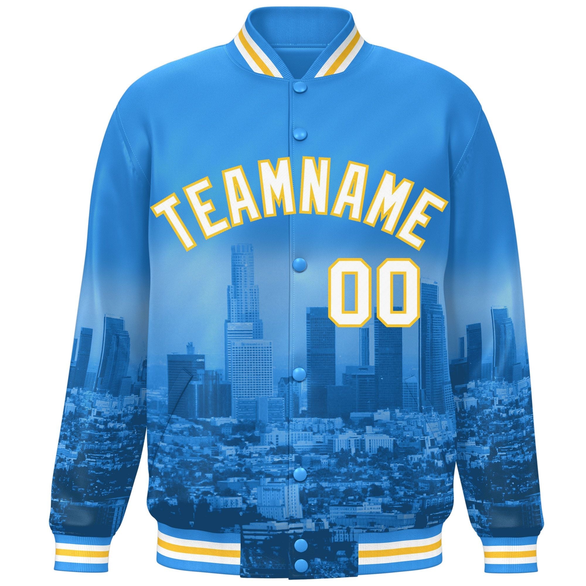 Custom Powder Blue White-Gold Los Angeles City Connect Track Varsity Full-Snap Jacket