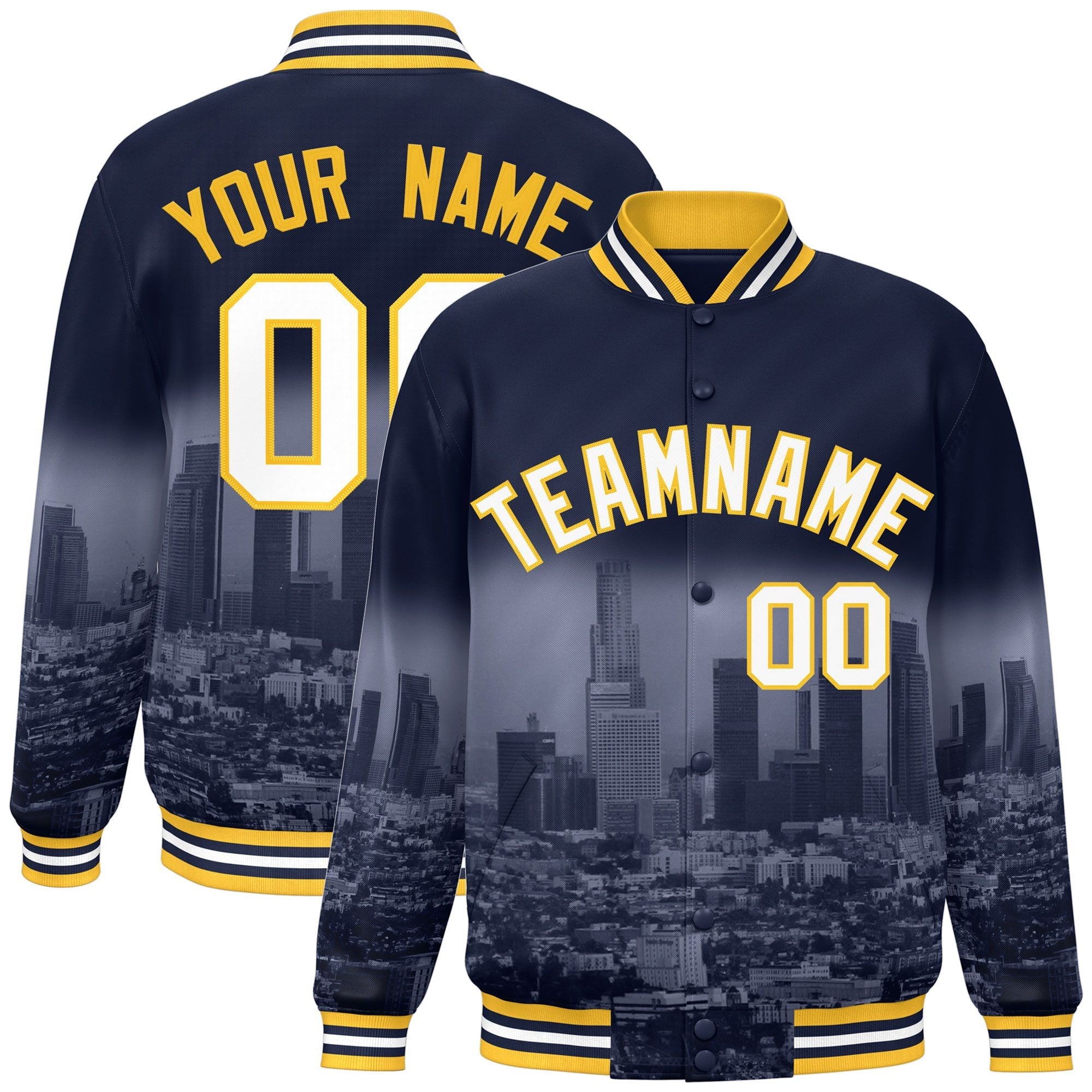 Custom Navy White-Gold Los Angeles City Connect Track Varsity Full-Snap Jacket