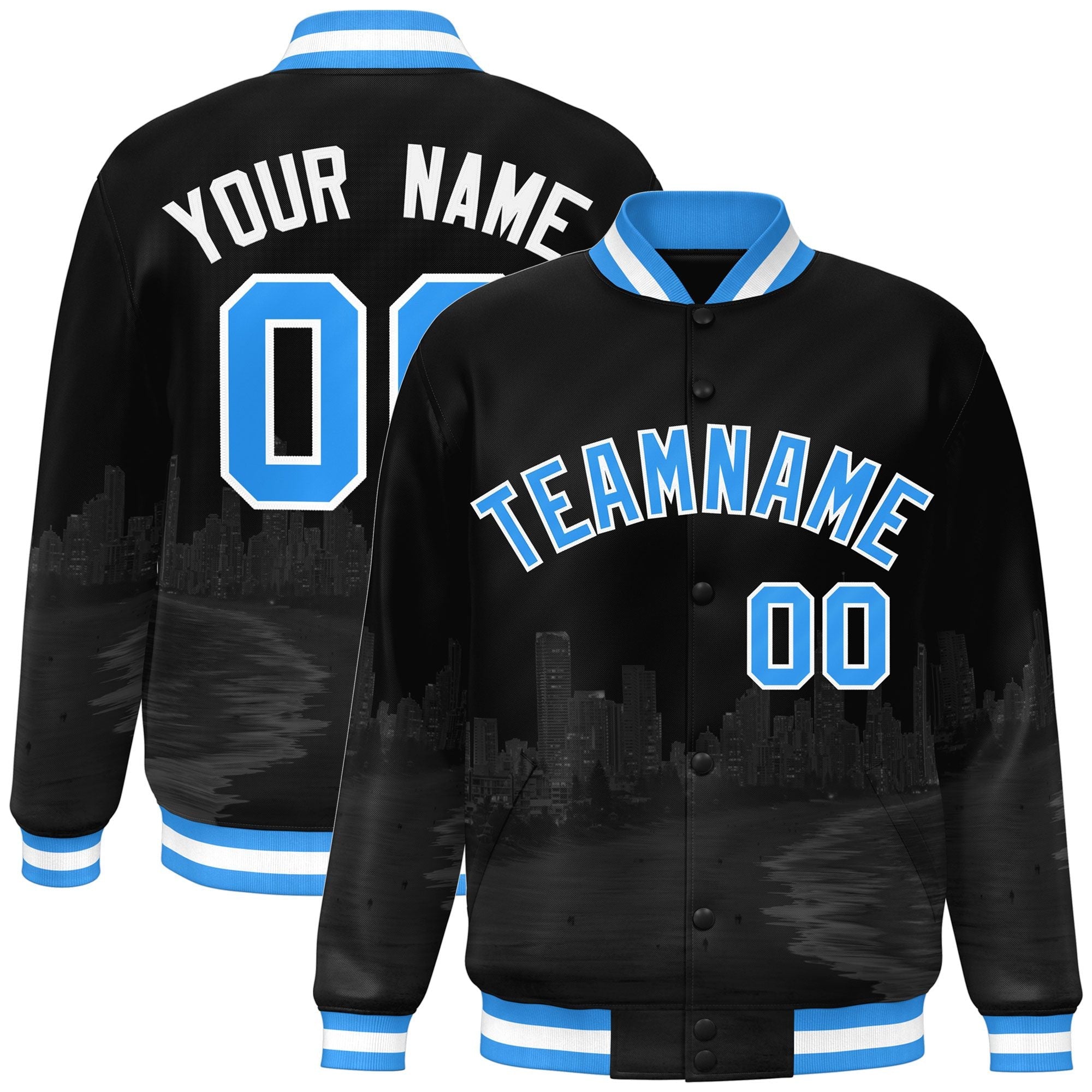 Custom Black Powder Blue-White Miami City Connect Track Varsity Full-Snap Jacket